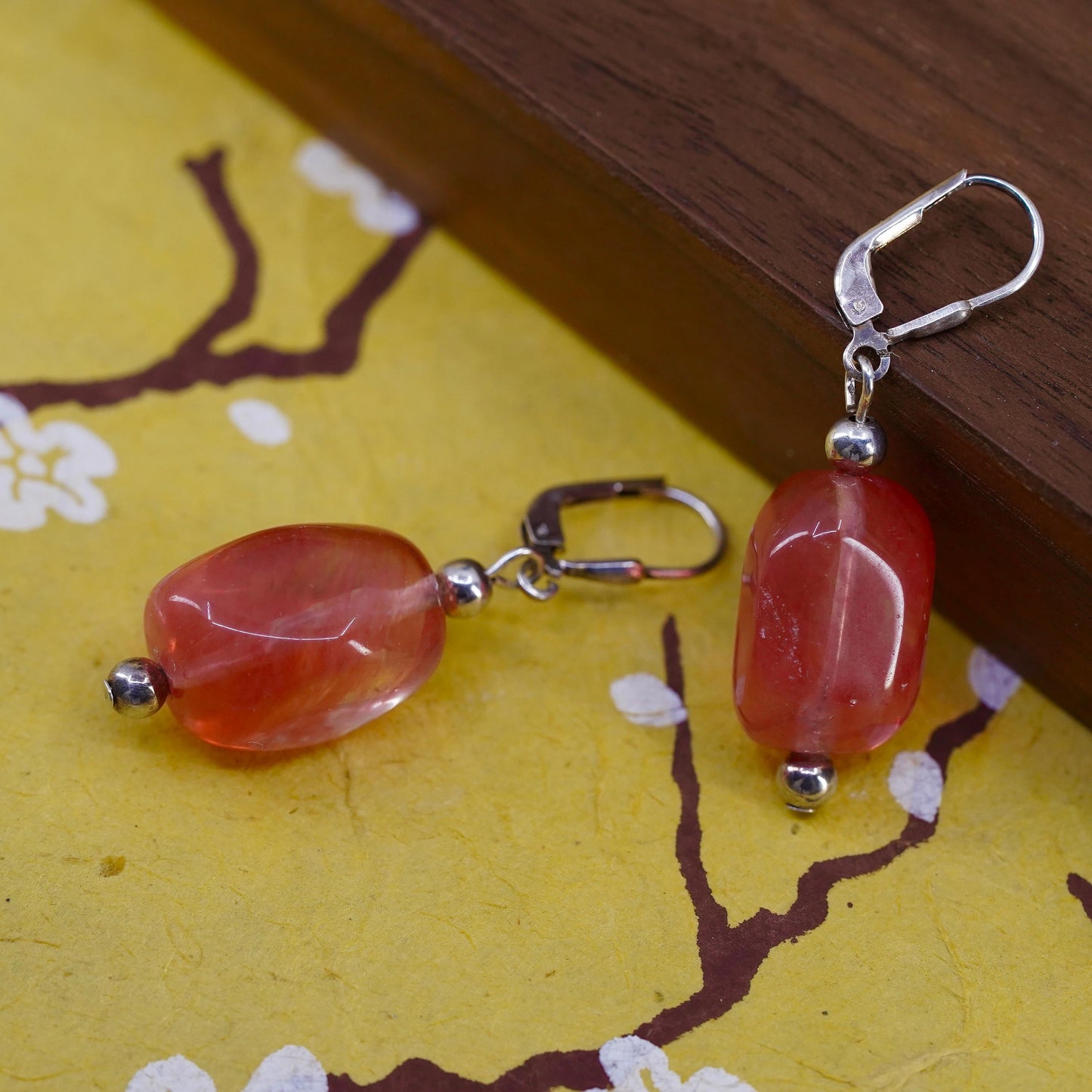 Vintage Sterling 925 silver handmade earrings with pink cherry quartz