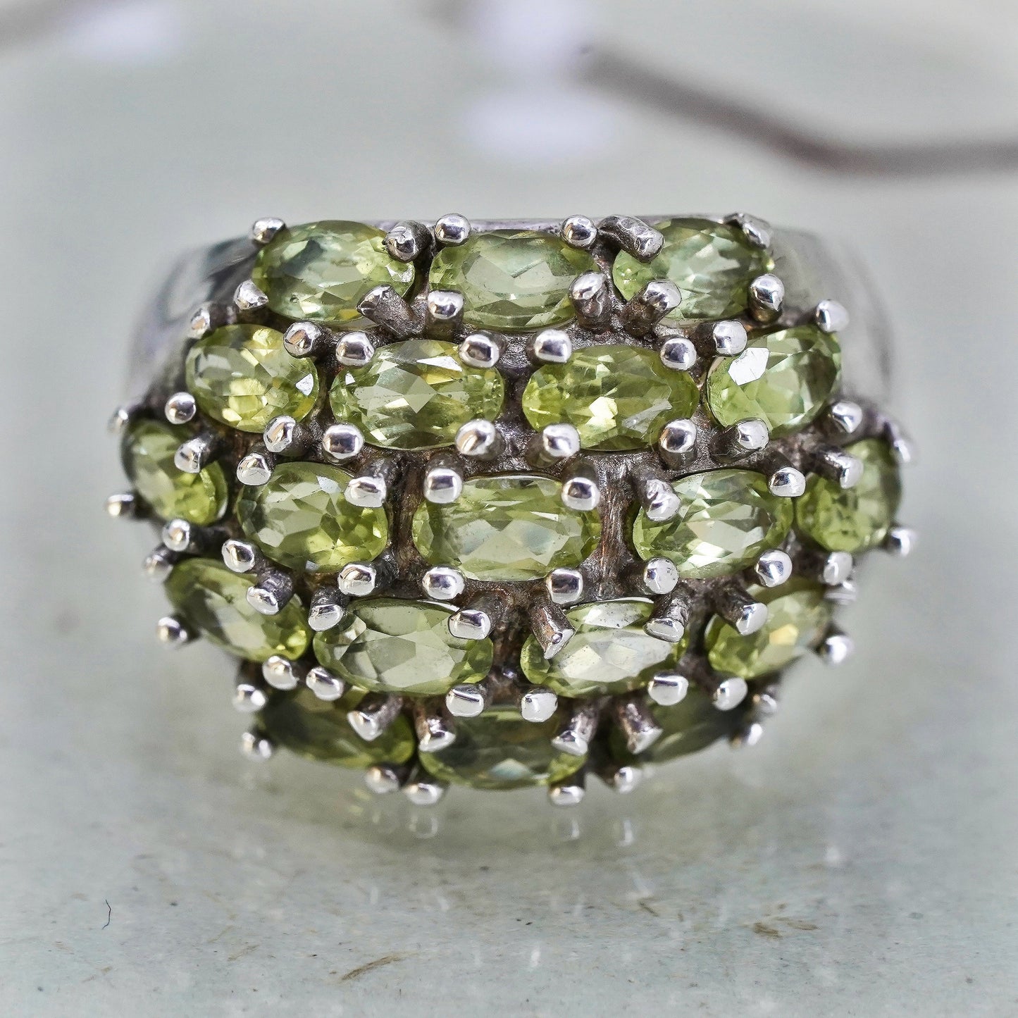 Size 7, vintage Sterling silver handmade ring, 925 band with cluster peridot
