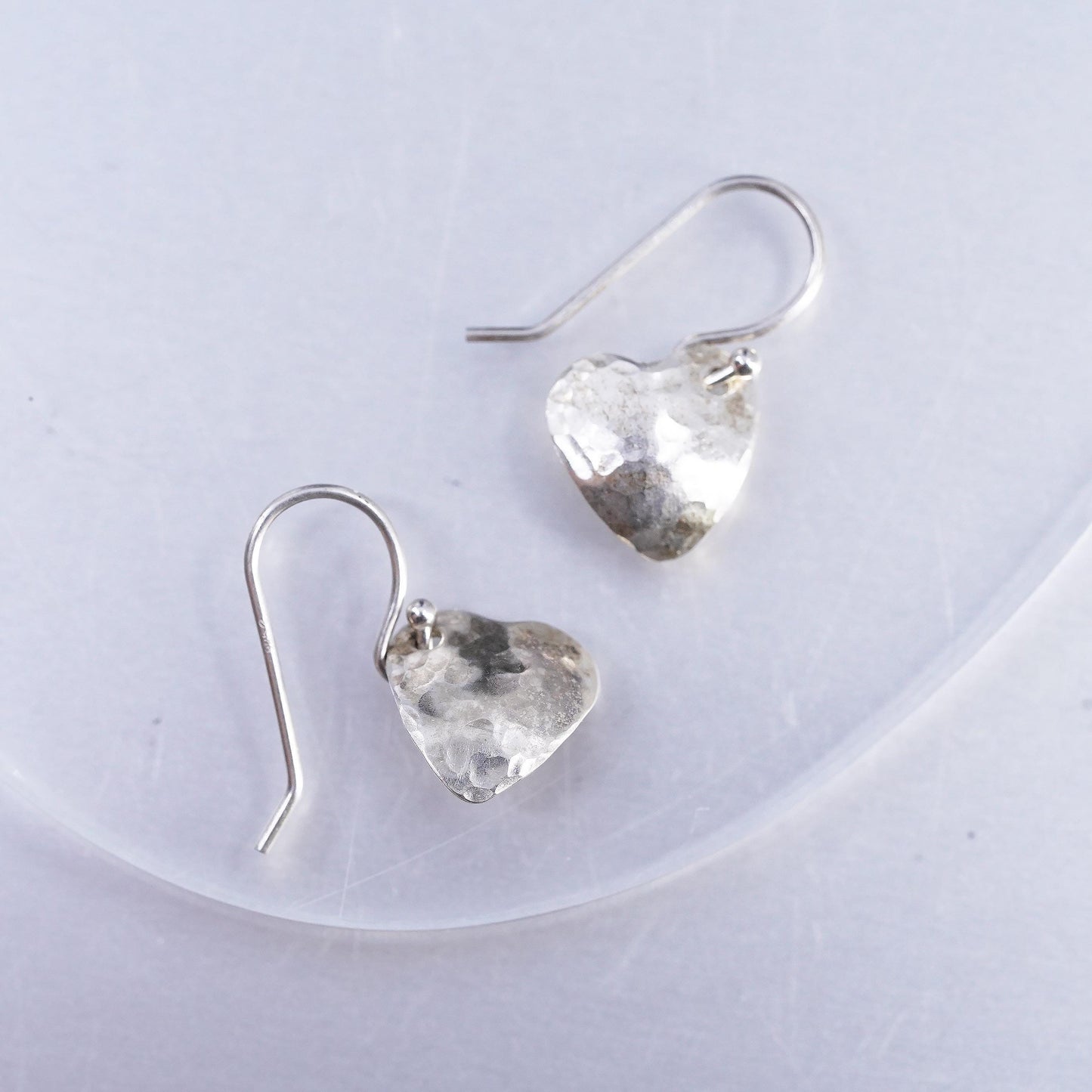 Vintage Sterling 925 silver hammered heart tag earrings
