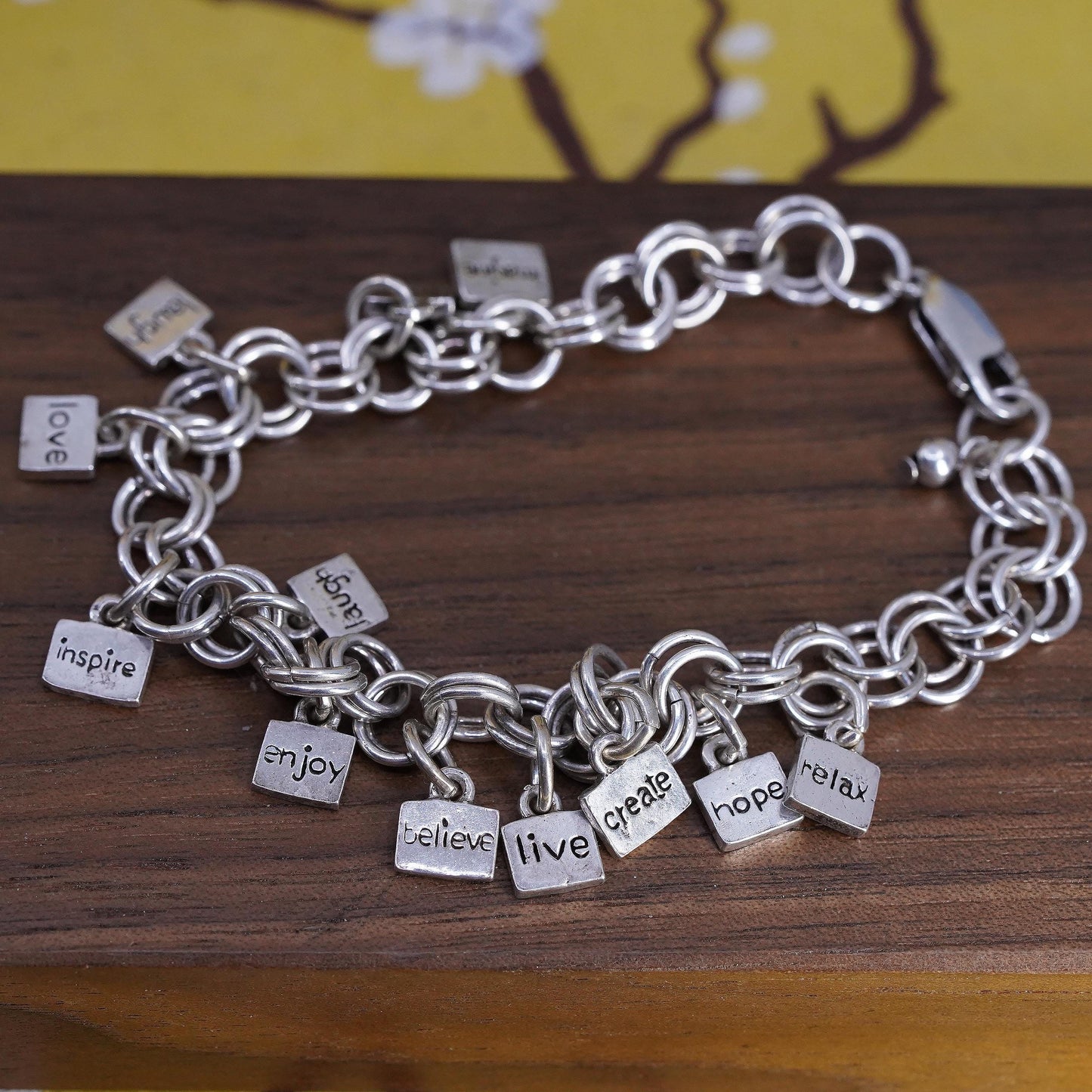 7.25" 925 Sterling Silver Charm Bracelet, Believe Live Laugh Love Quote Chain