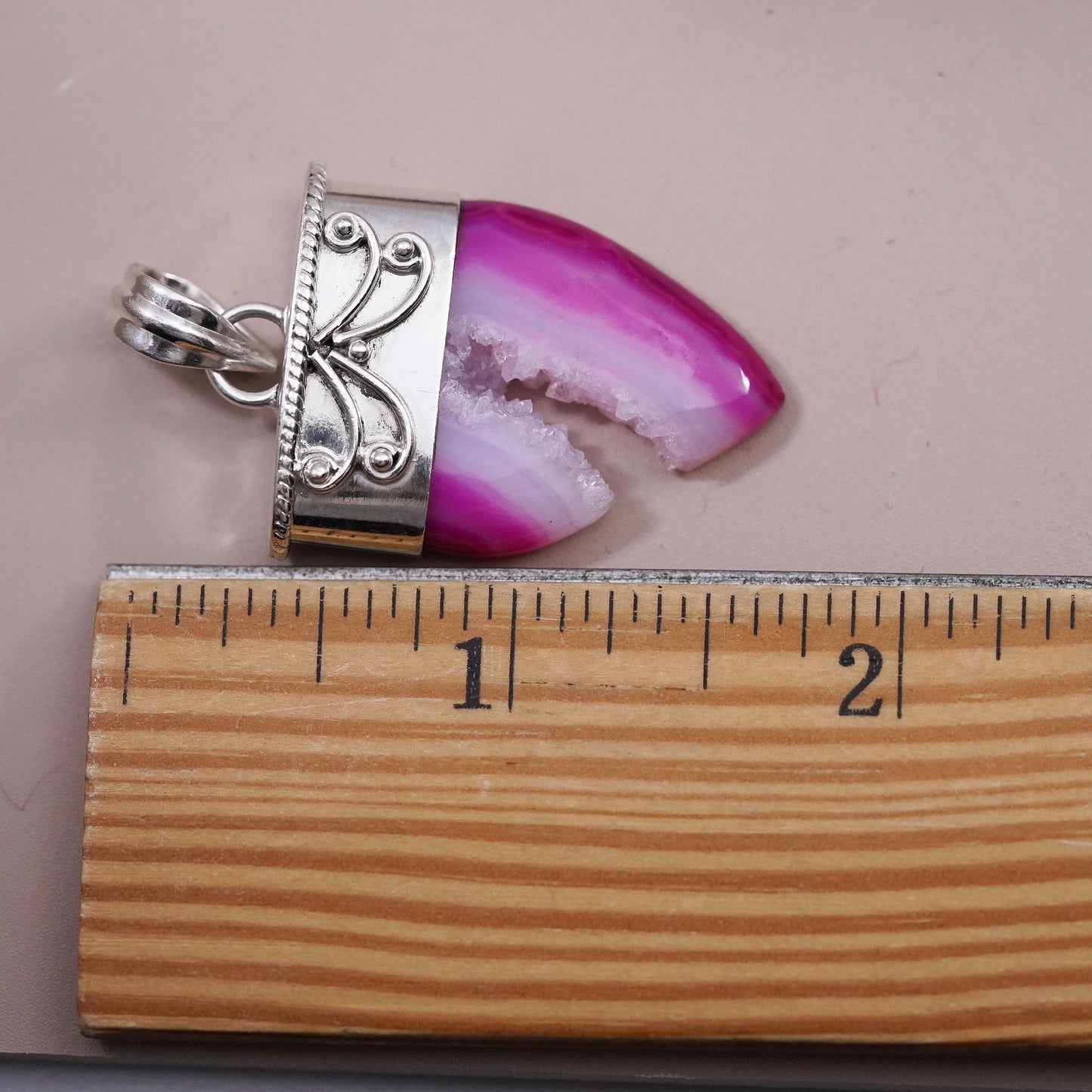 Vintage Sterling 925 silver handmade pendant with druzy pink agate