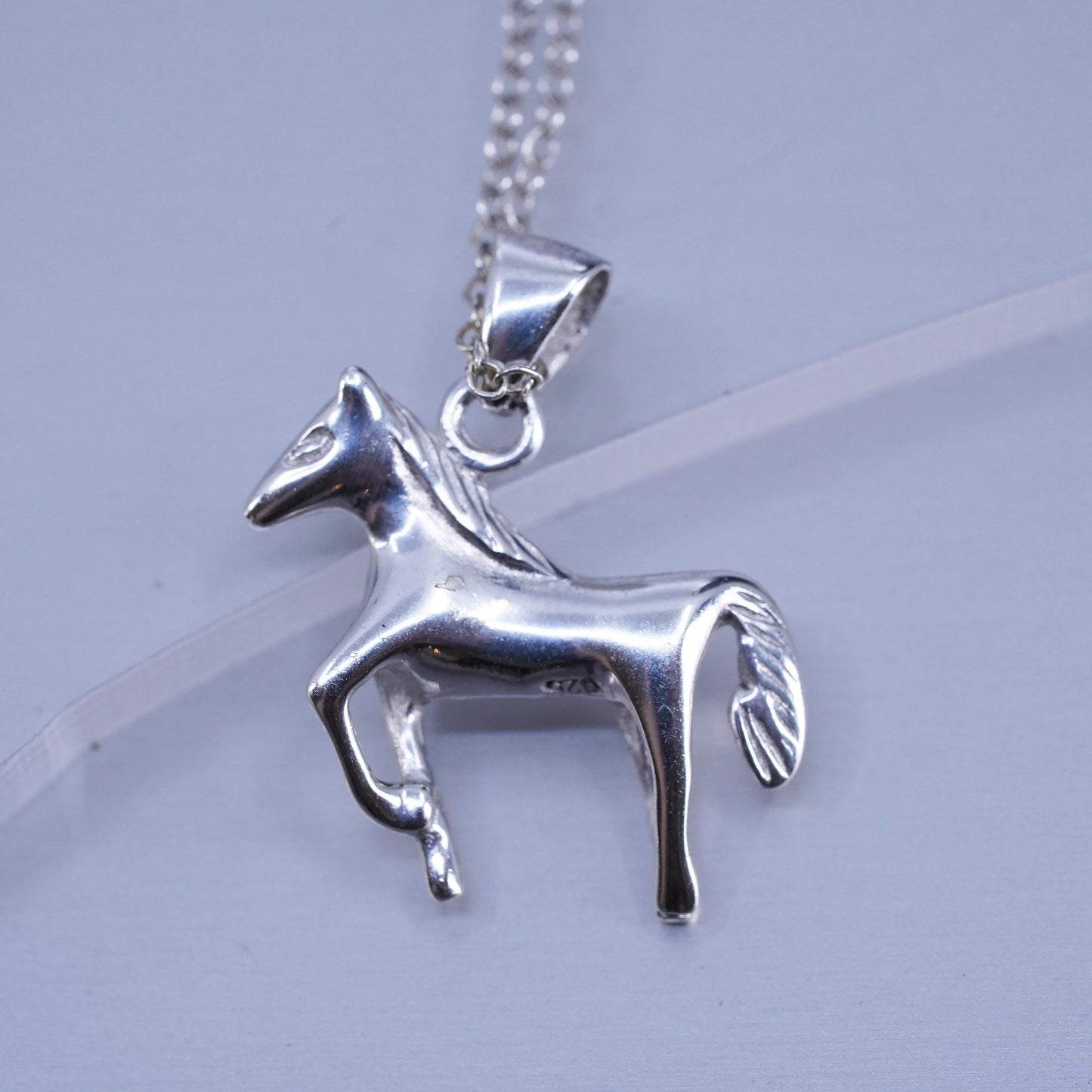 18”, vintage Sterling 925 silver twisted curb necklace with heart horse pendant