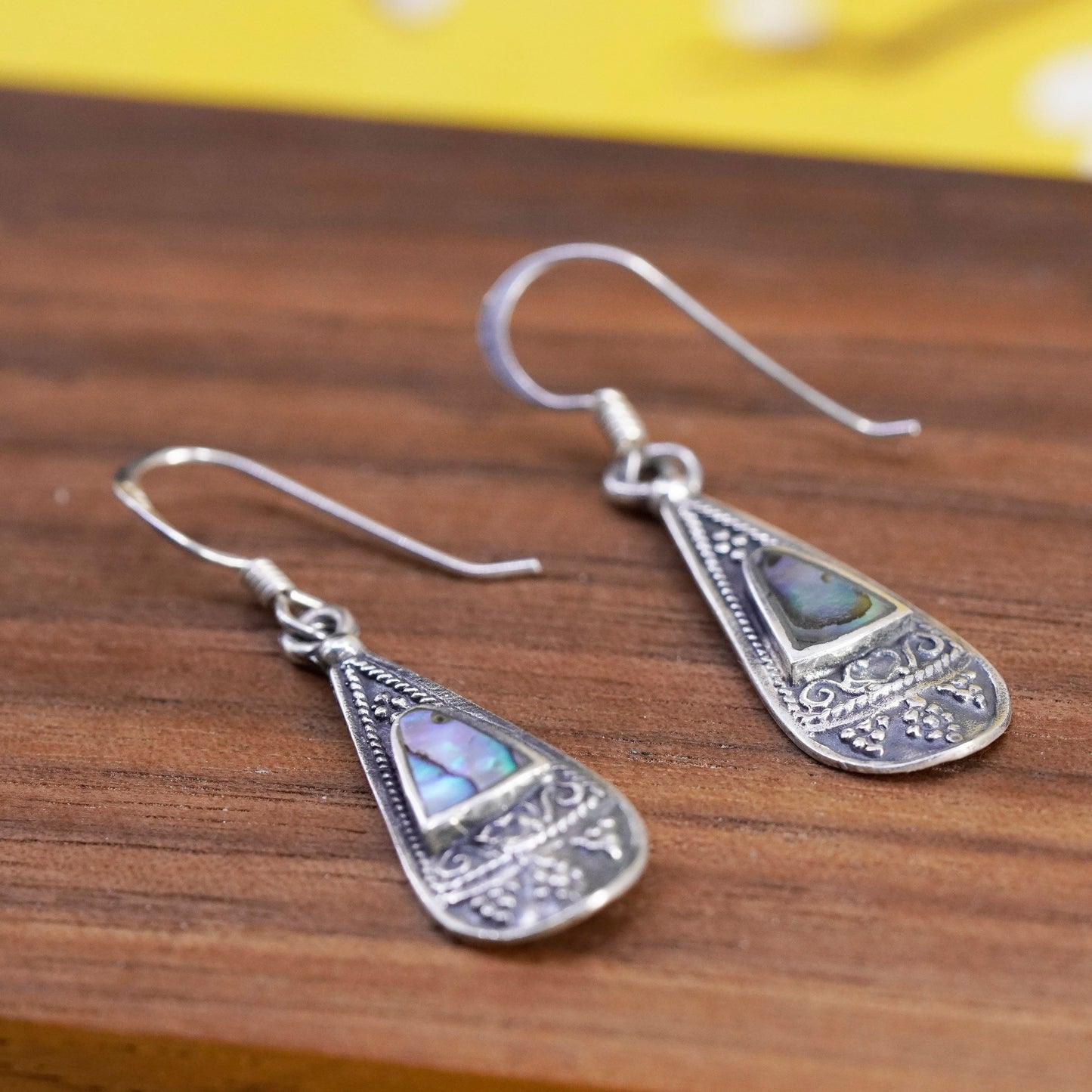 Vintage Sterling silver handmade earrings, 925 teardrop with abalone Inlay