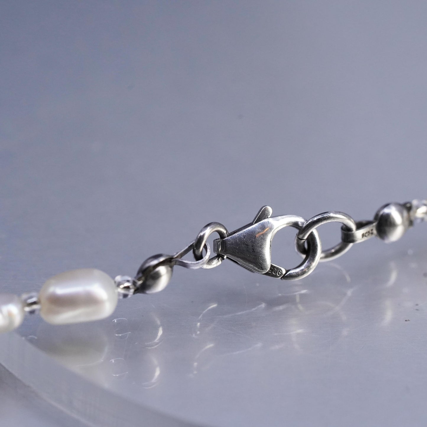 18", vintage sterling 925 silver necklace w/ 6mm freshwater baroque pearl beads