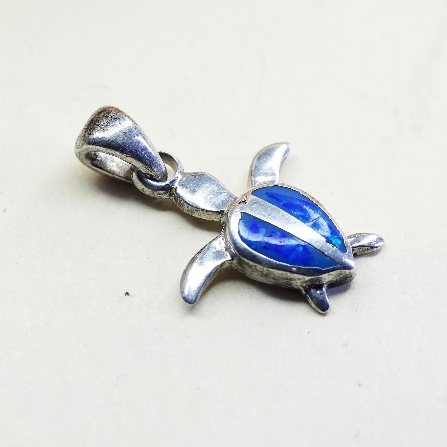 Vintage Sterling silver handmade pendant, 925 silver sea turtle pendant w/ opal