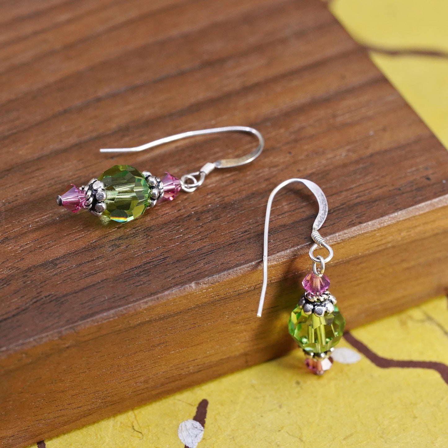 Vintage Sterling silver handmade earrings, 925 hooks with green crystal beads