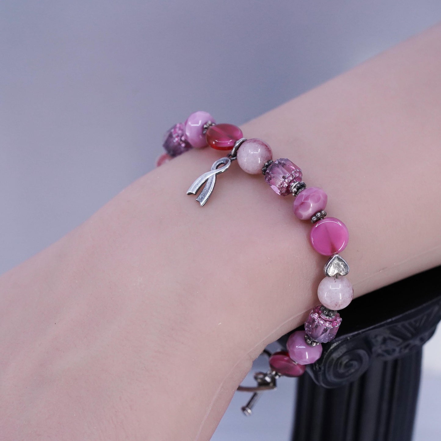6.5", Sterling 925 Silver Bracelet pink Agate cure breast cancer ribbon charm