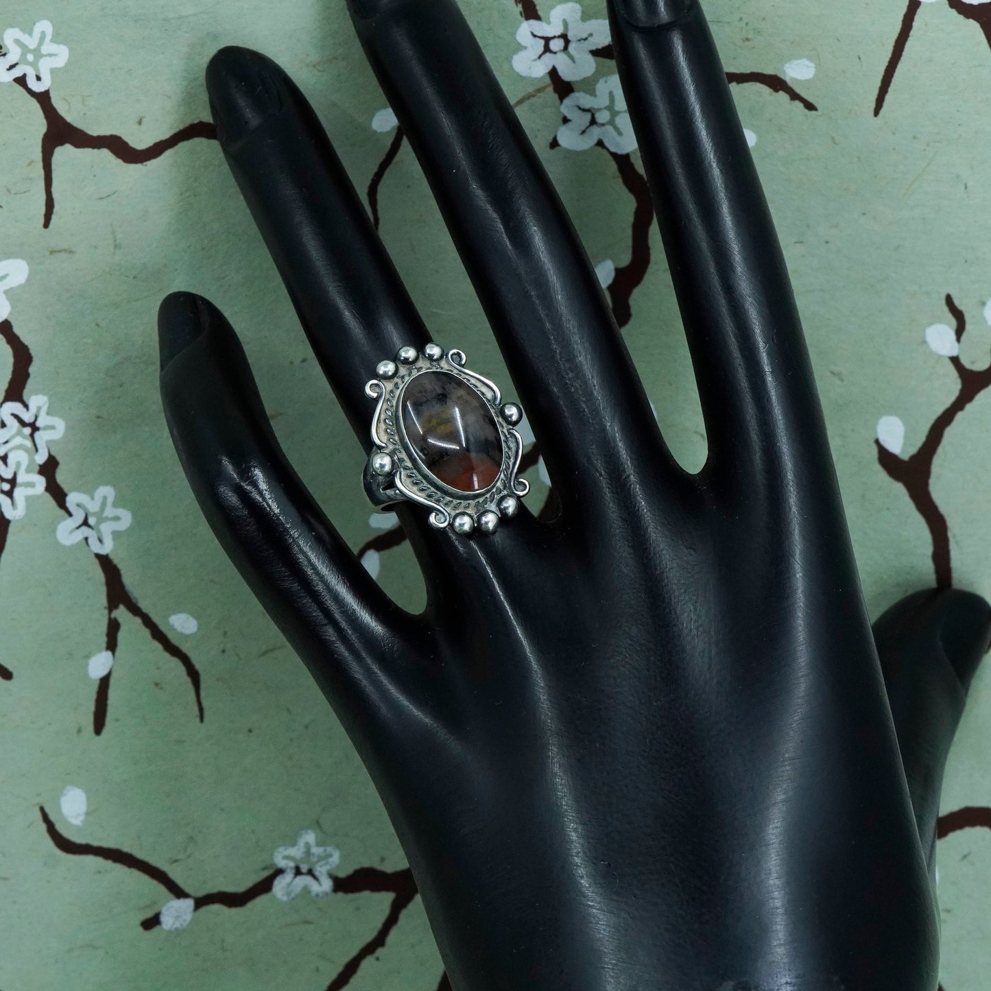Size 6, Southwestern sterling 925 silver handmade ring with agate and beads