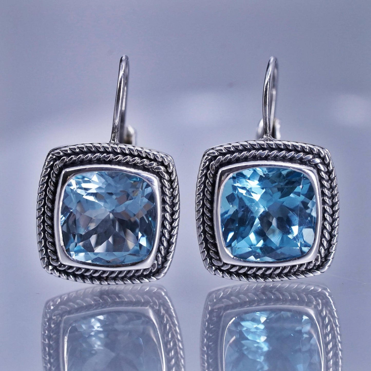 Vintage Sterling 925 silver handmade earrings with square blue topaz lever back