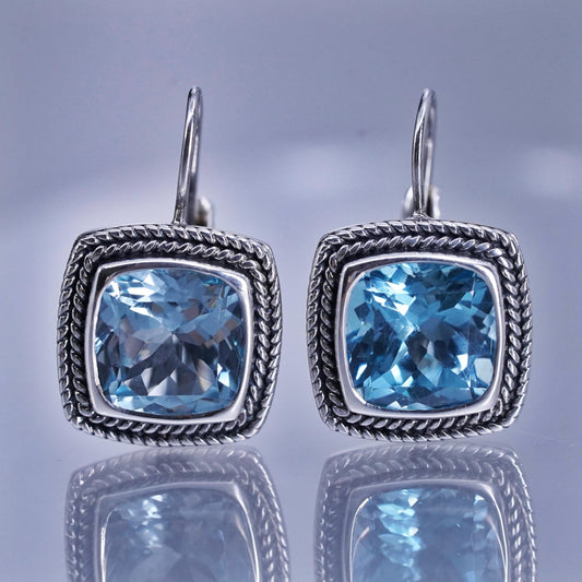 Vintage Sterling 925 silver handmade earrings with square blue topaz lever back