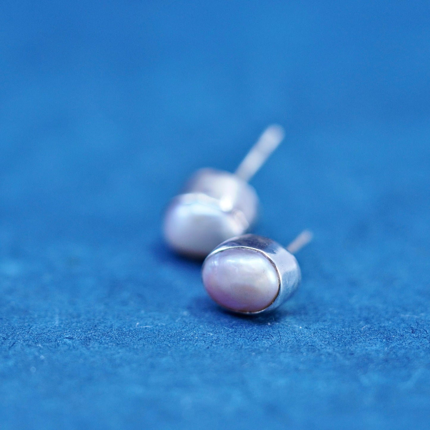 Vintage sterling silver handmade earrings, 925 oval studs with pearl