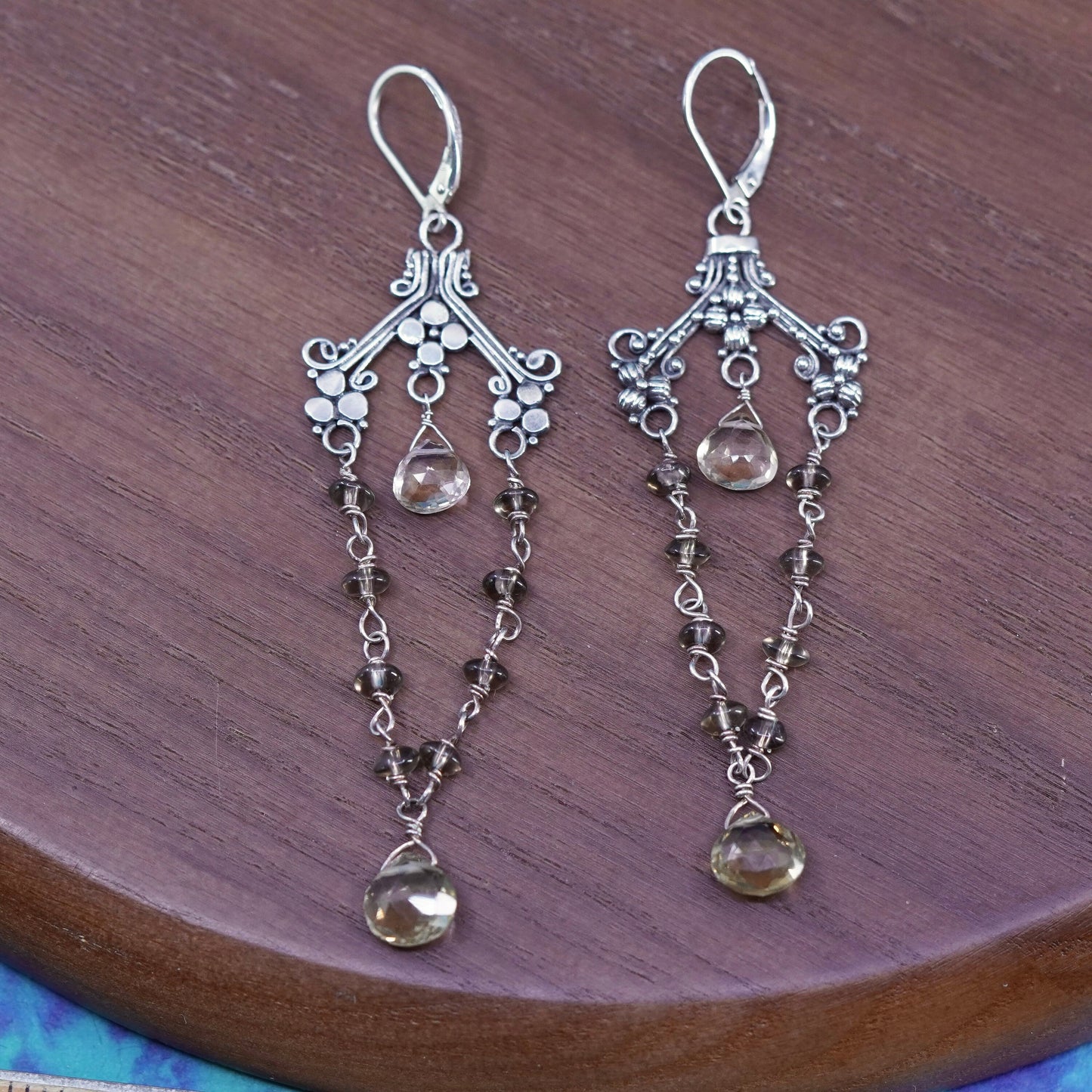 Sterling 925 silver handmade extra long earrings teardrop smoky topaz, dangle