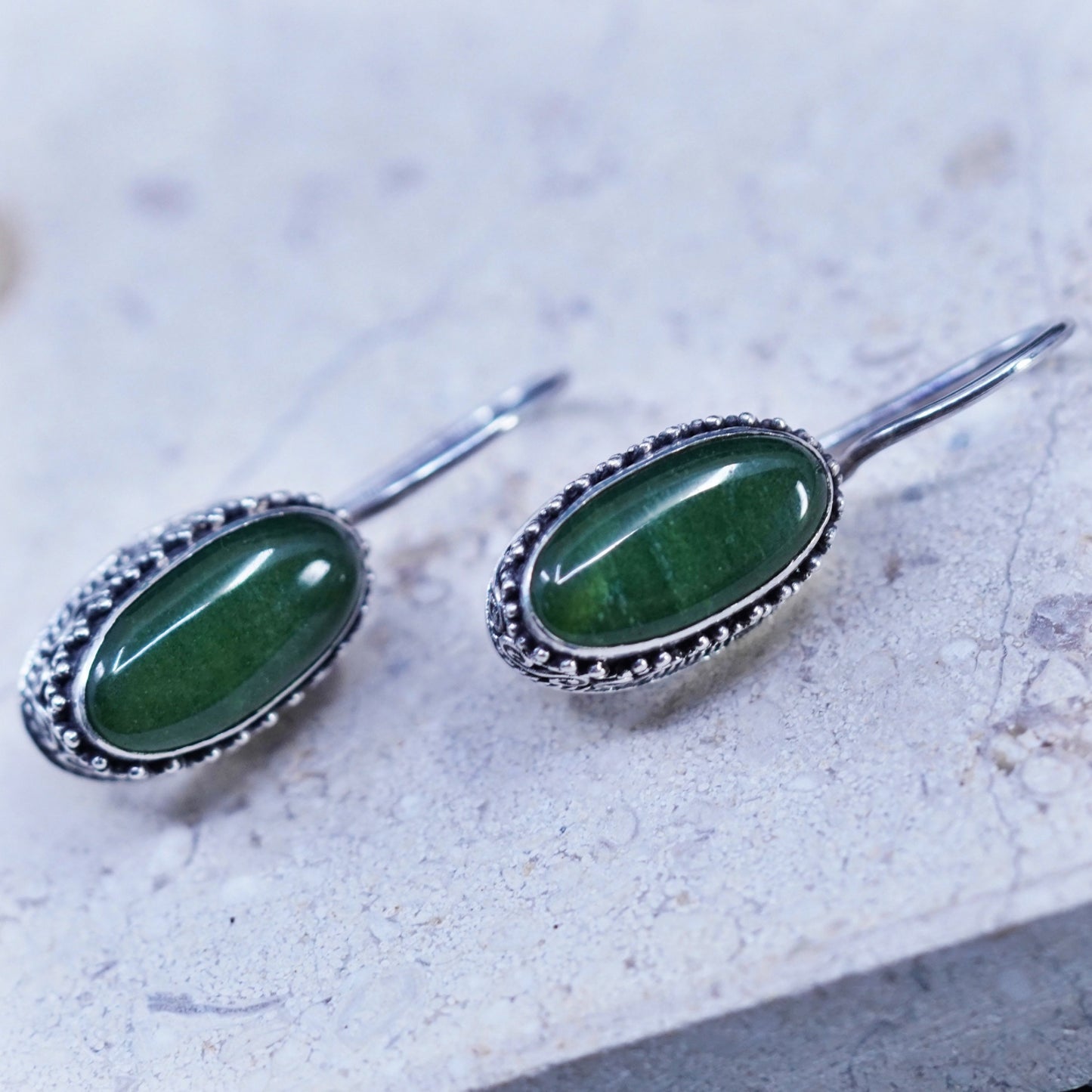 Vintage Sterling 925 silver handmade bali earrings with oval jade