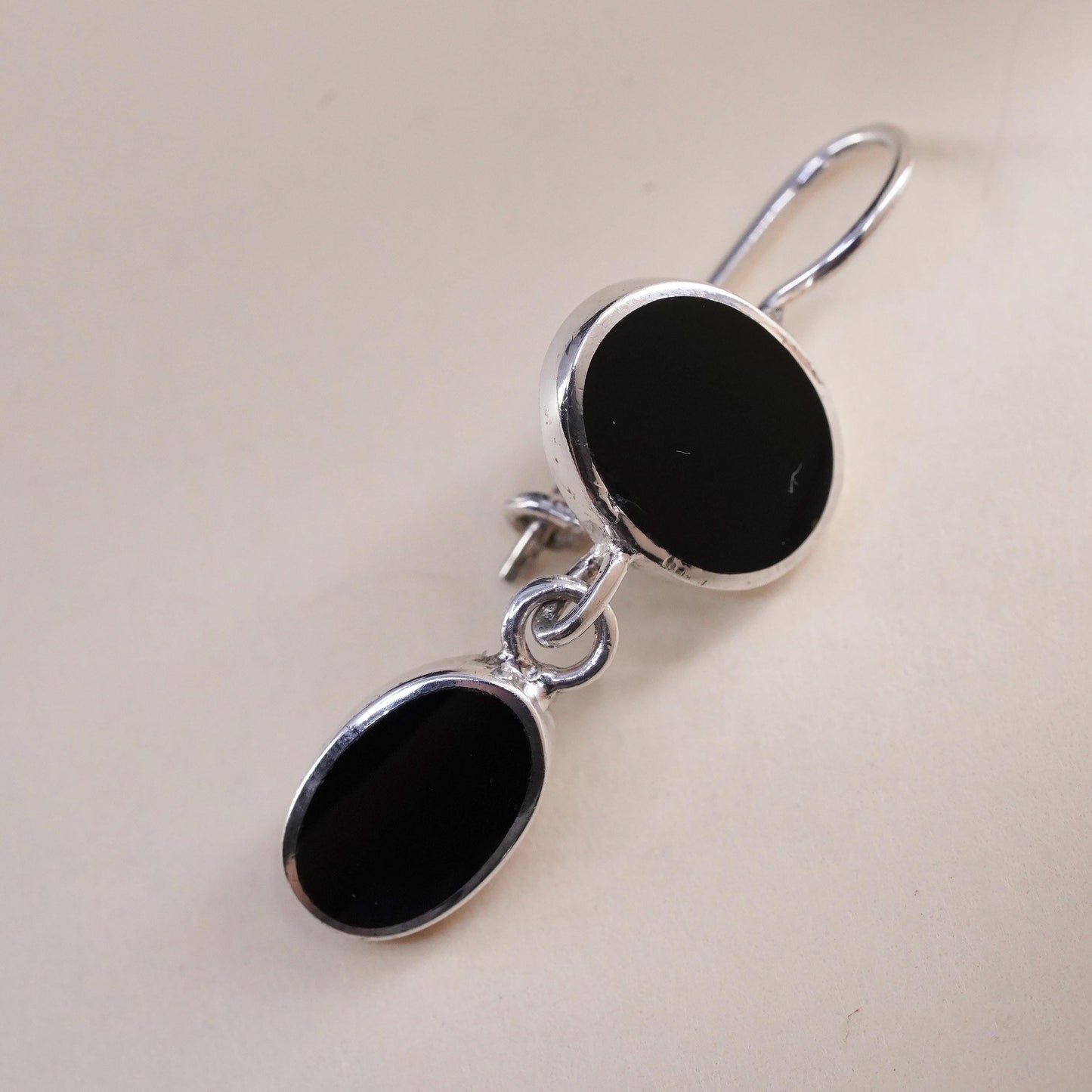 Vintage handmade single earring. Sterling 925 silver hook with onyx inlay
