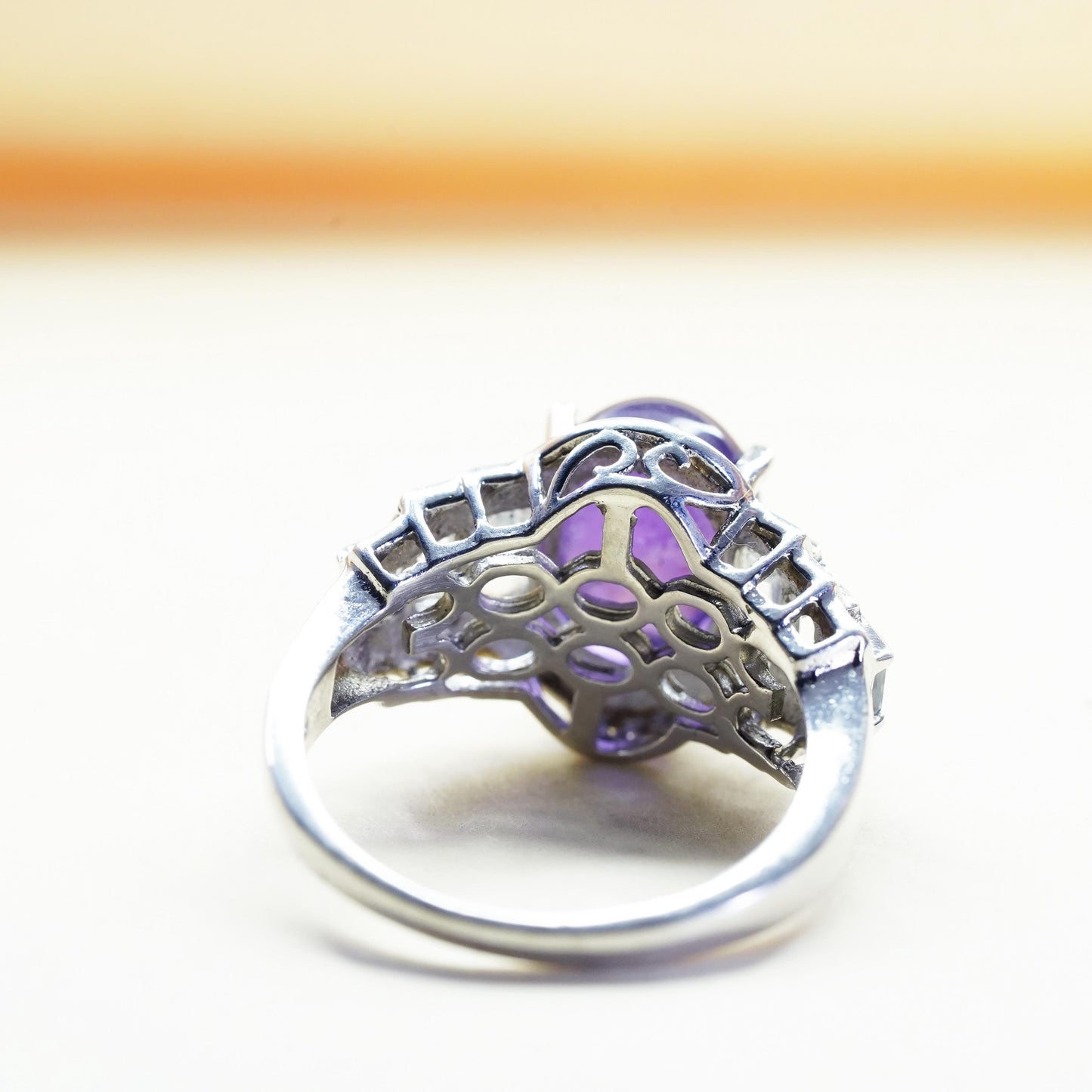 Size 8.25, vintage Sterling silver 925 cocktail ring dome amethyst clear quartz