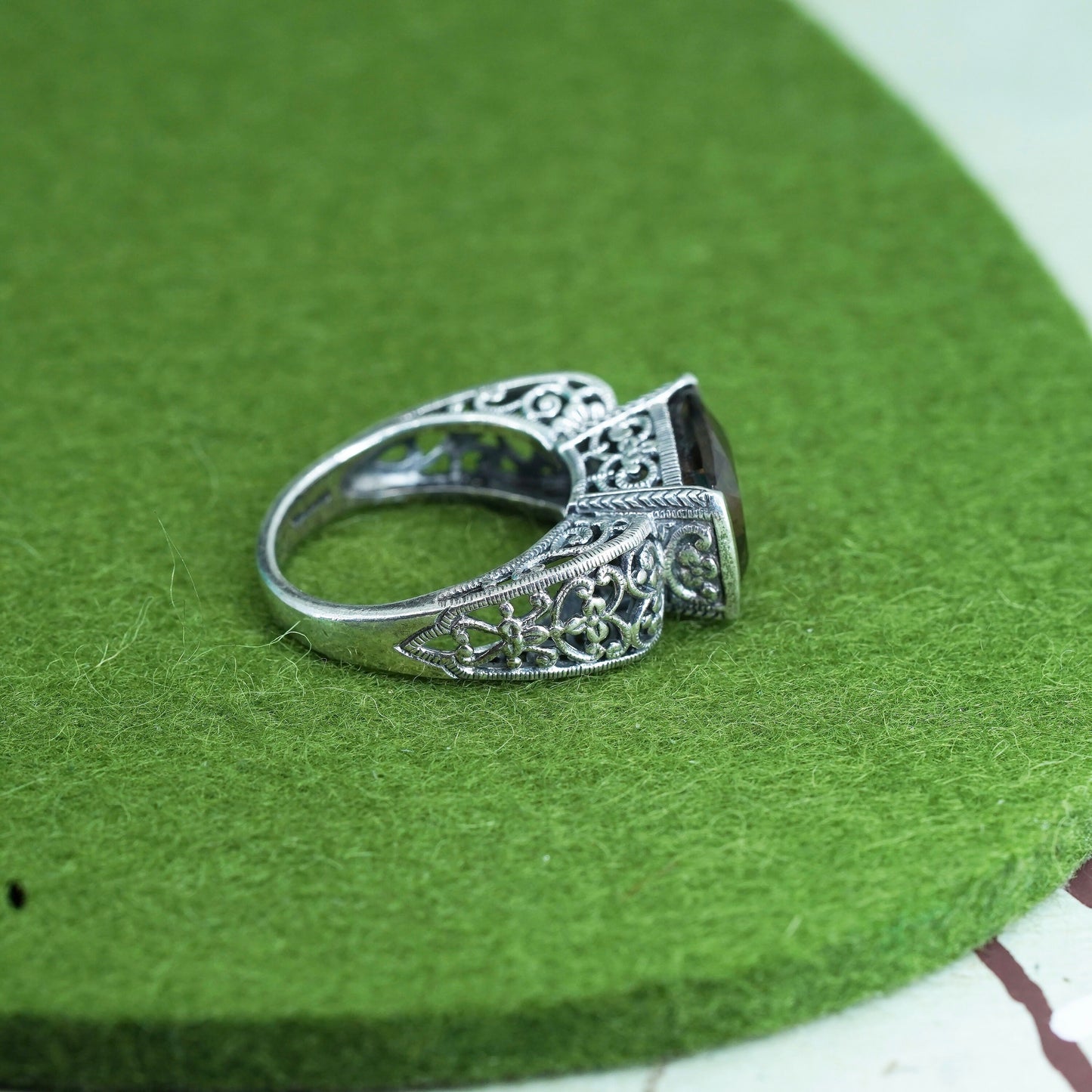 Size 8, sterling silver handmade filigree ring, 925 statement ring smoky topaz