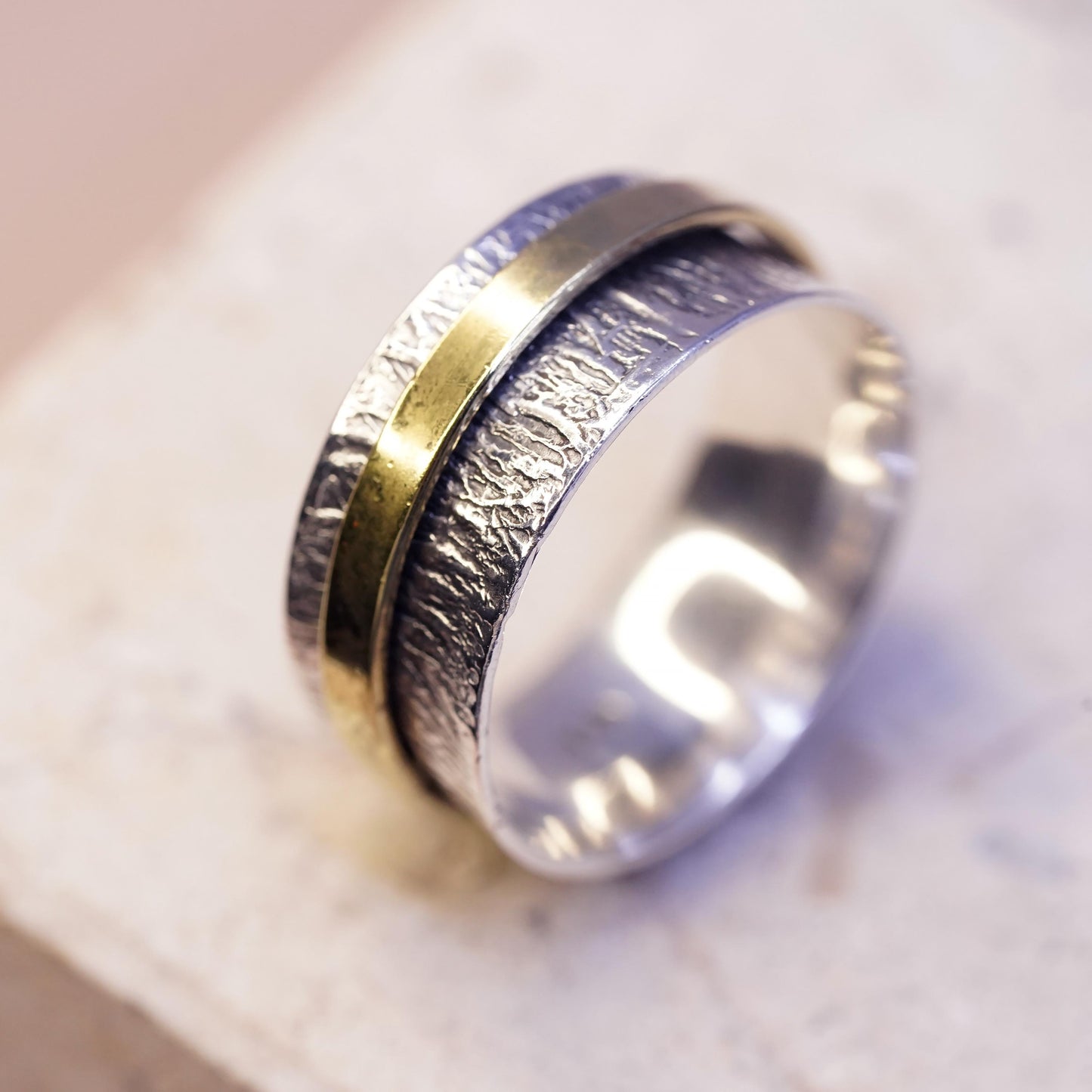 Size 10.25, two tone sterling silver band brass cable textured 925 spinner ring
