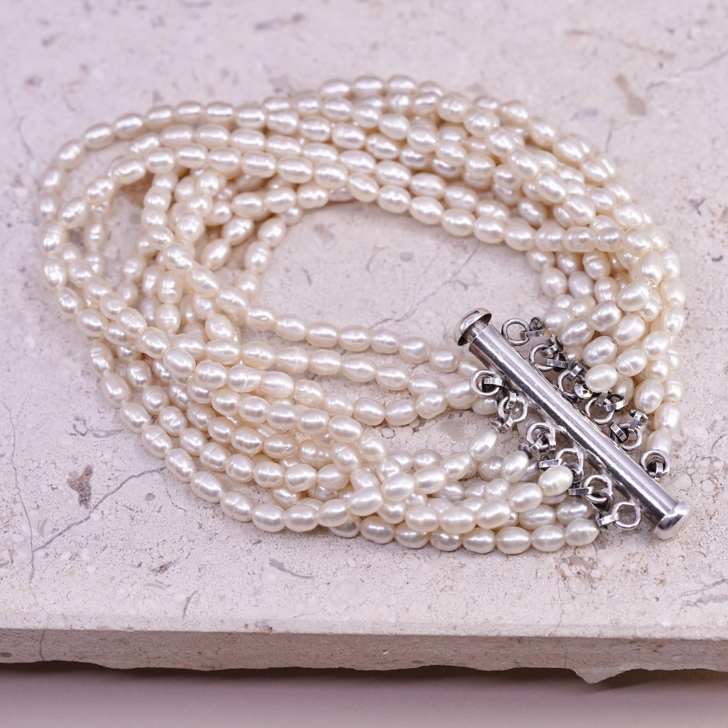 7", vintage Sterling 925 silver multi 10 strands bracelet cluster pearl beads