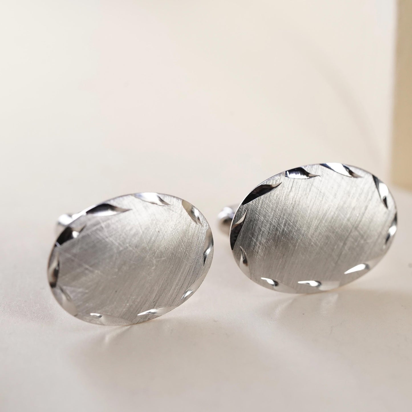 VTG USA sterling 925 silver textured oval cuff links, handmade 925 cufflinks