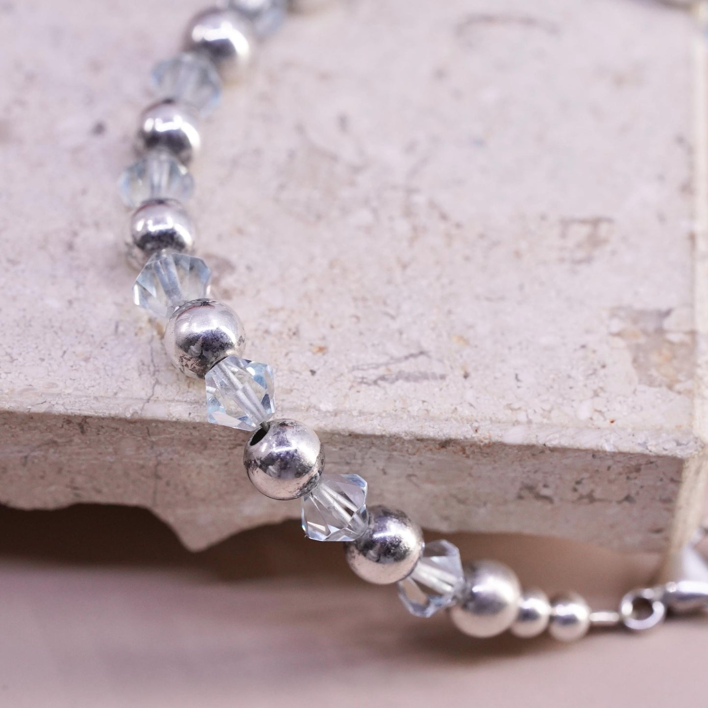 7+1", vintage Sterling silver handmade bracelet, 925 beads with blue crystal