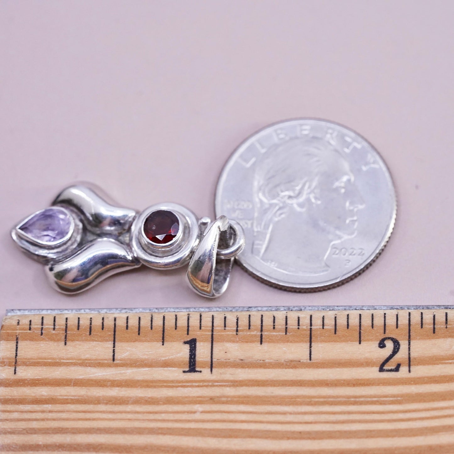 Vintage Sterling silver 925 handmade pendant with ruby and amethyst