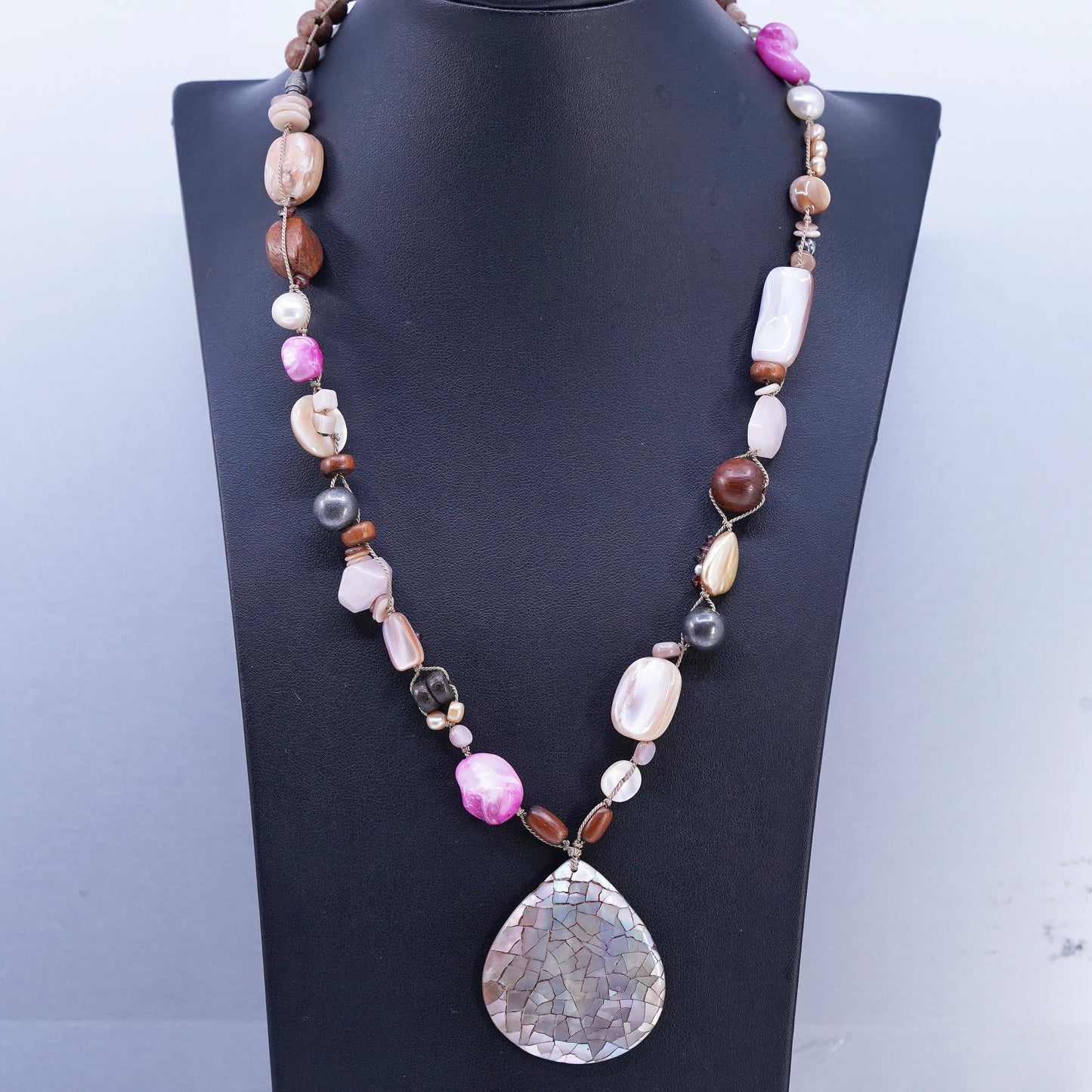 20+2", VTG Peyote Bird Sterling 925 silver handmade pearl wood bead necklace