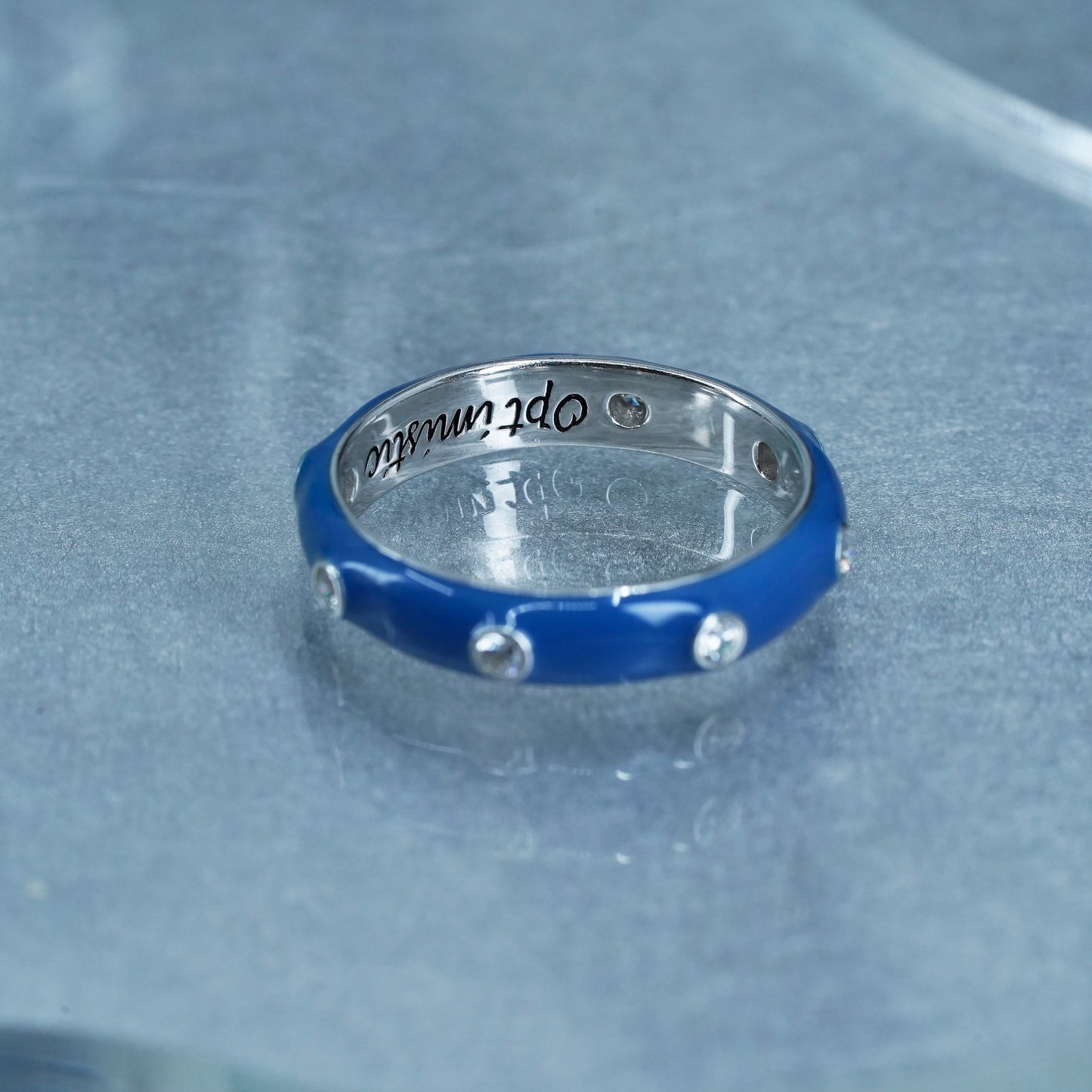 Size 10, vintage Sterling 925 silver handmade ring, blue enamel band with cz