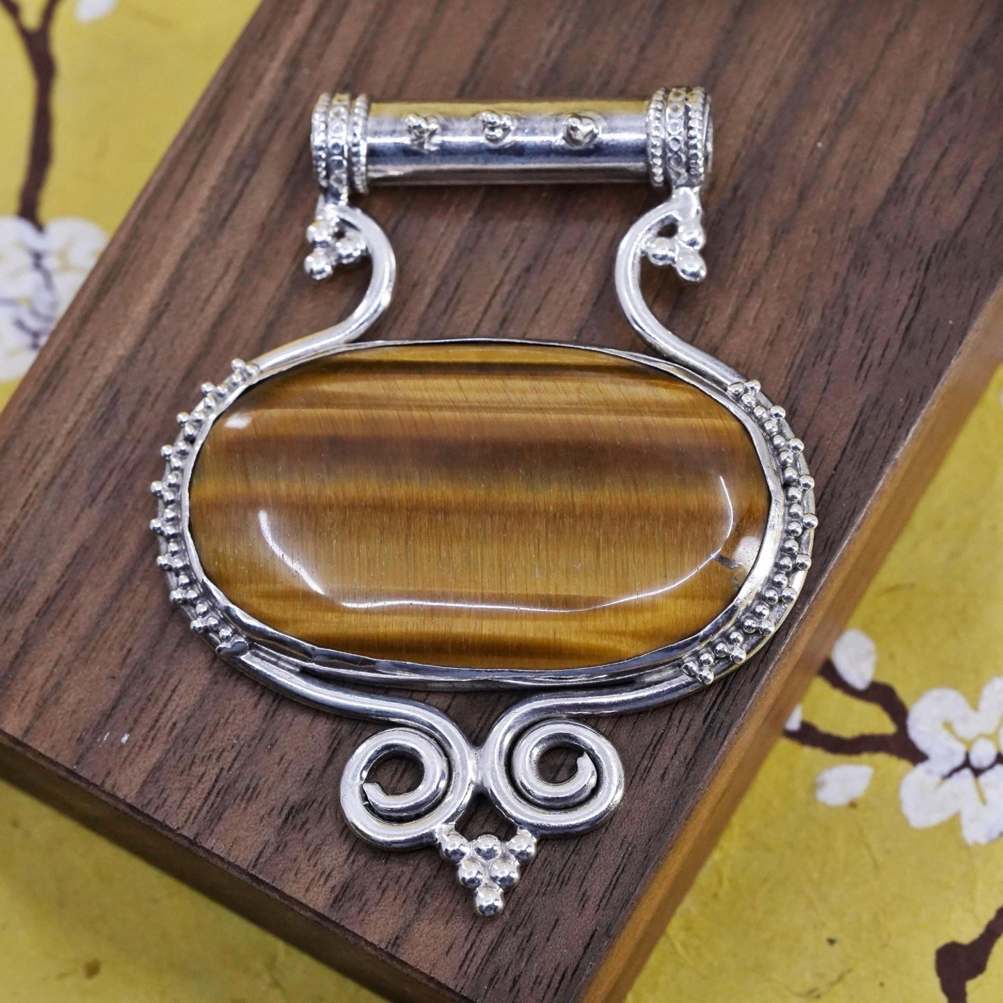 Vintage Sterling 925 silver handmade huge slide pendant golden tiger eye beads