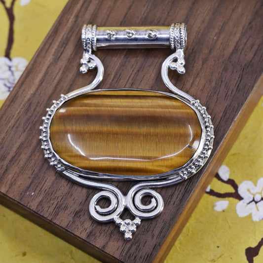 Vintage Sterling 925 silver handmade huge slide pendant golden tiger eye beads