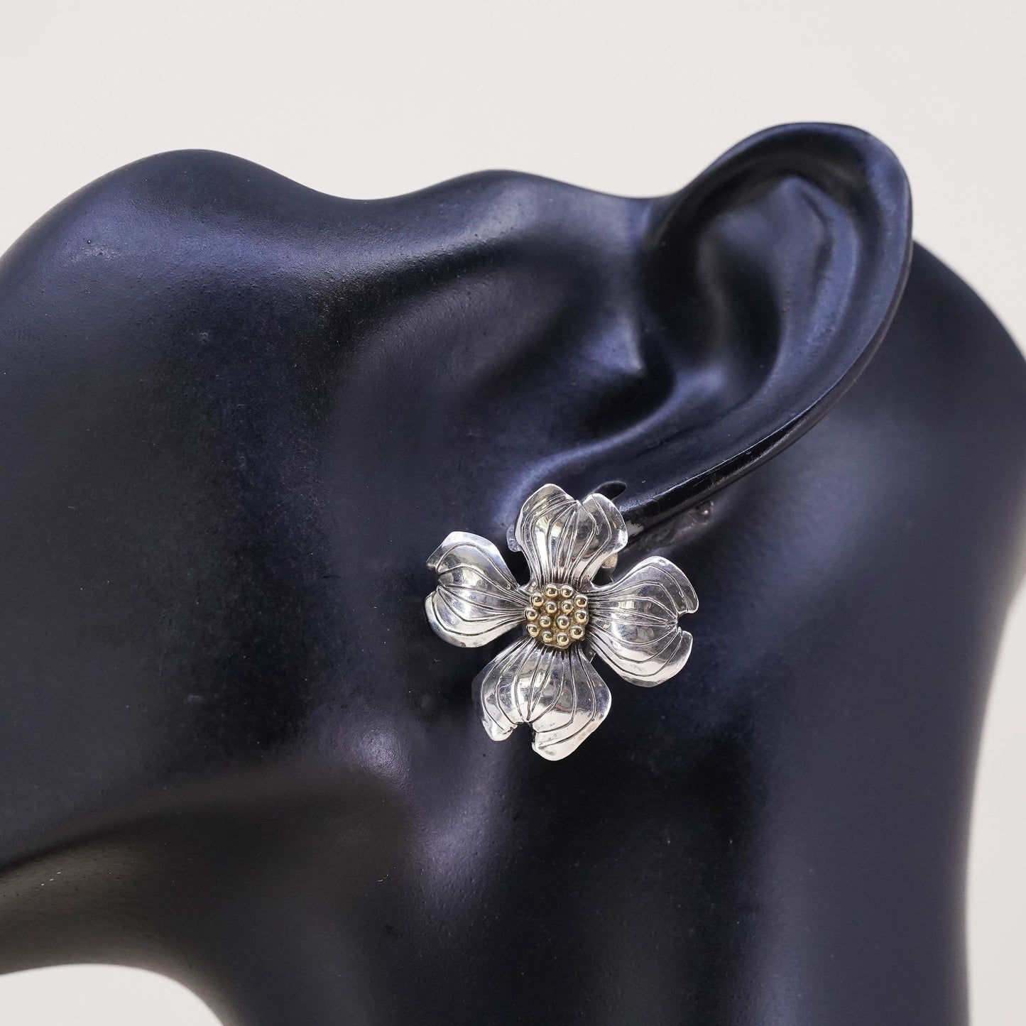 southwestern sterling silver single earring, 925 silver dogwood flower clip on