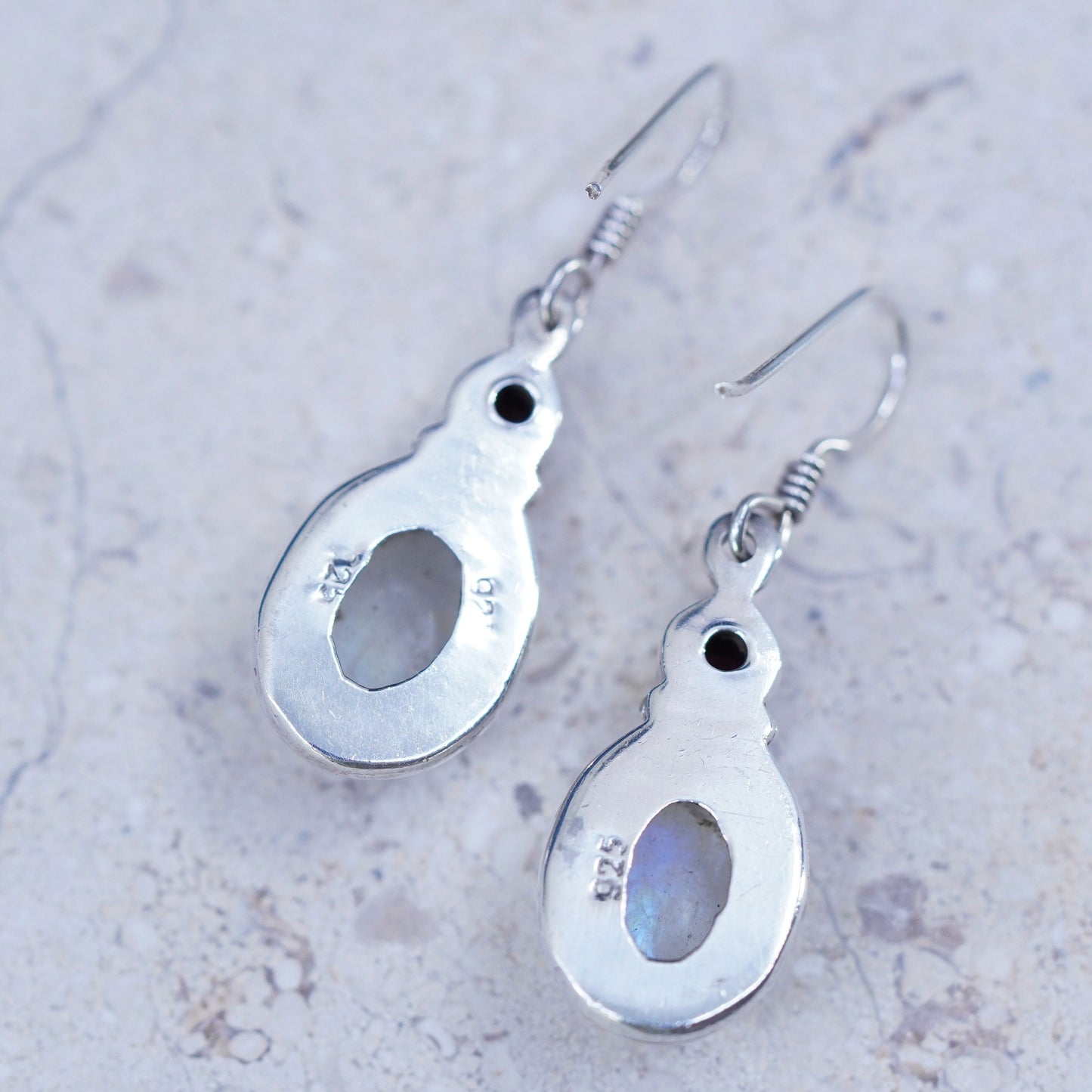 Vintage Sterling 926 silver handmade earrings with oval moonstone and garnet