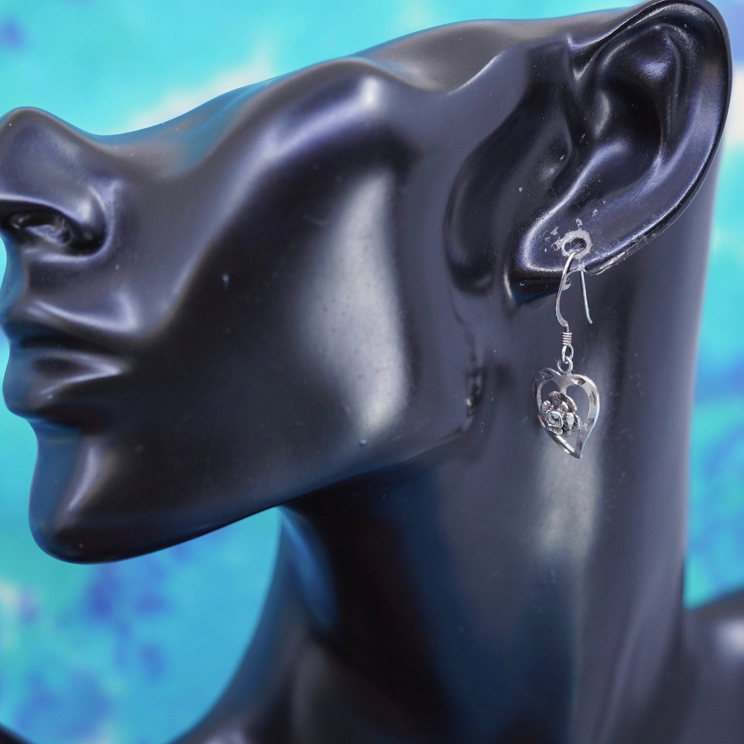 Vintage Sterling silver handmade earrings, 925 heart drops with rose flower