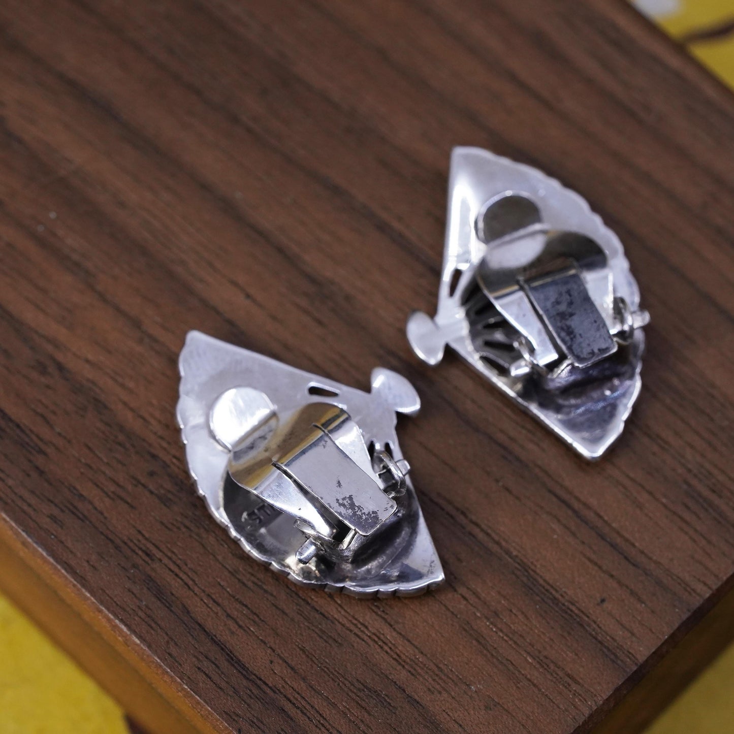 Siam sterling silver clip on, 925 India blue enamel fan earrings, niello silver