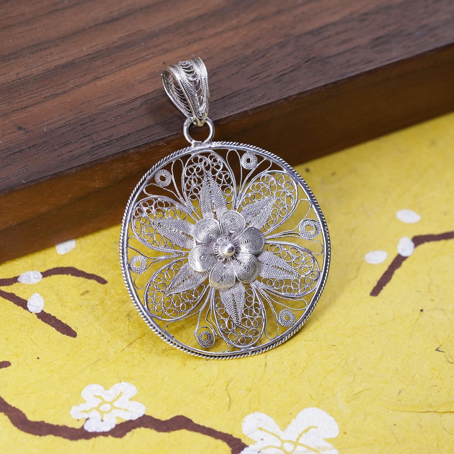 Vintage Sterling silver handmade pendant, 925 filigree flower, silver tested