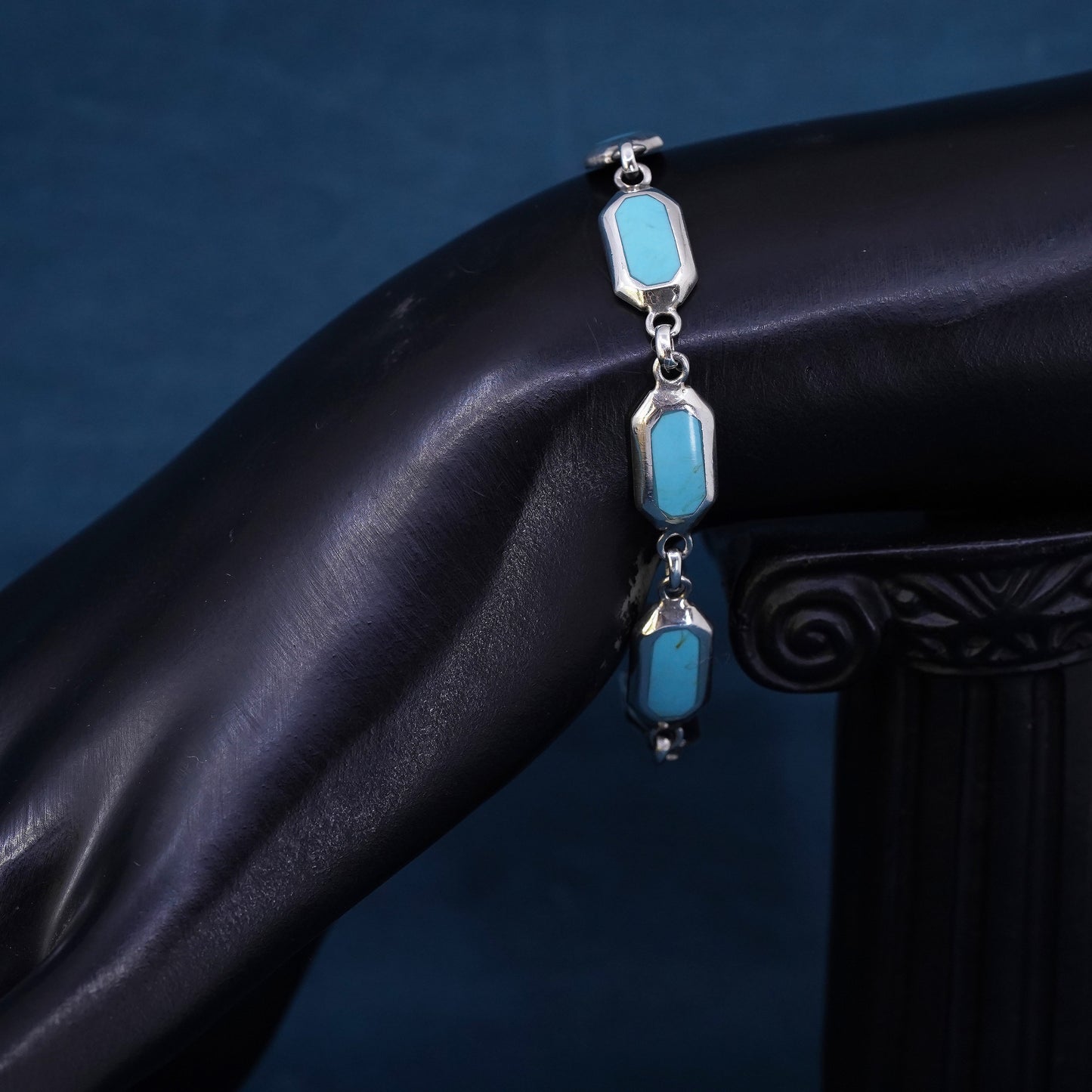 6.5”, vintage sterling 925 silver handmade bracelet w/ turquoise toggle closure
