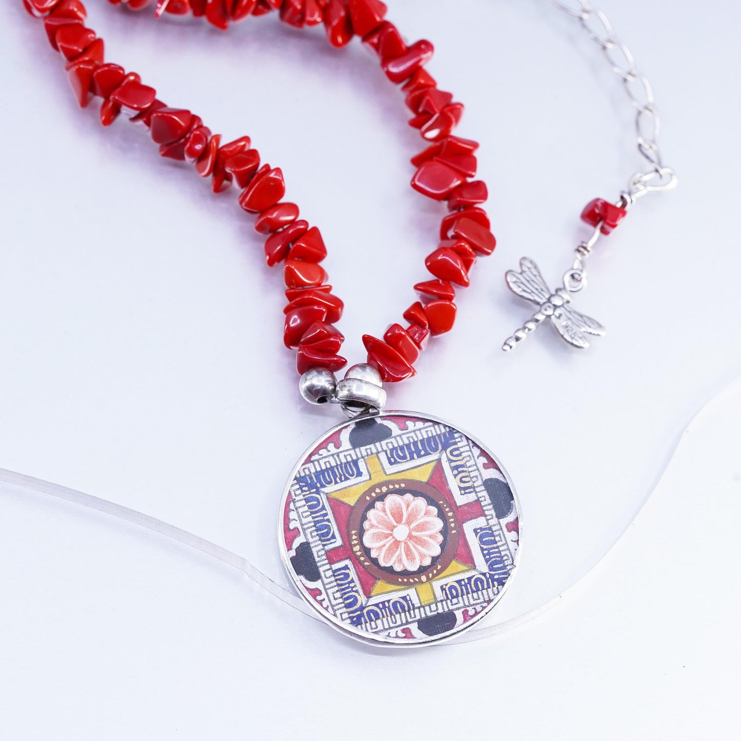 15+2", southwestern Sterling Silver 925 Necklace coral Beads and circle pendant