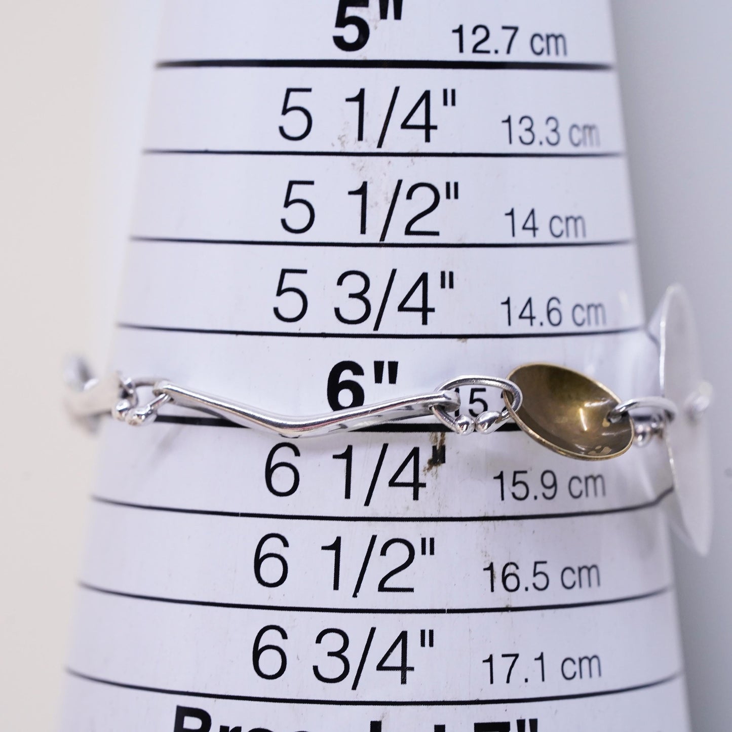 6.25”, Vintage Mexican two tone sterling silver bracelet, 925 disc chains brass