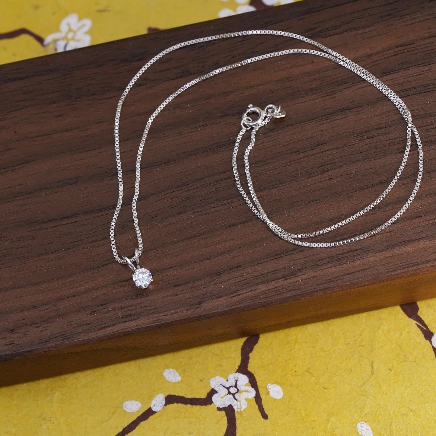 16” 1mm, vintage Sterling silver necklace, 925 box chain with circle CZ pendant