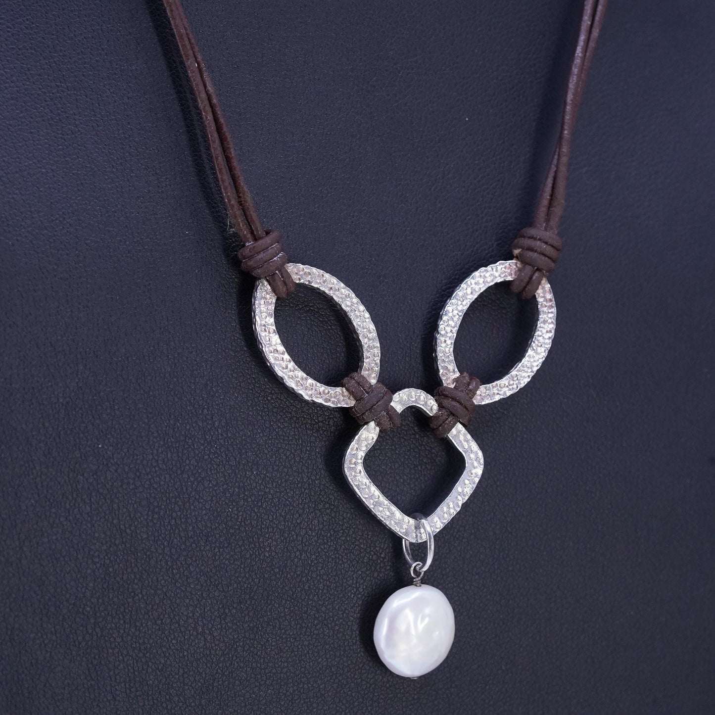 16+2”, Silpada .925 Sterling Silver Handmade Pearl brown Leather Necklace N1257