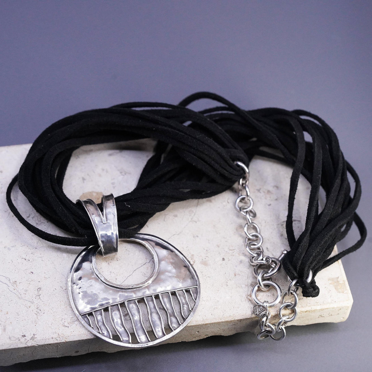 18” Silpada 925 Sterling Silver multi strands Leather Necklace Disc pendant
