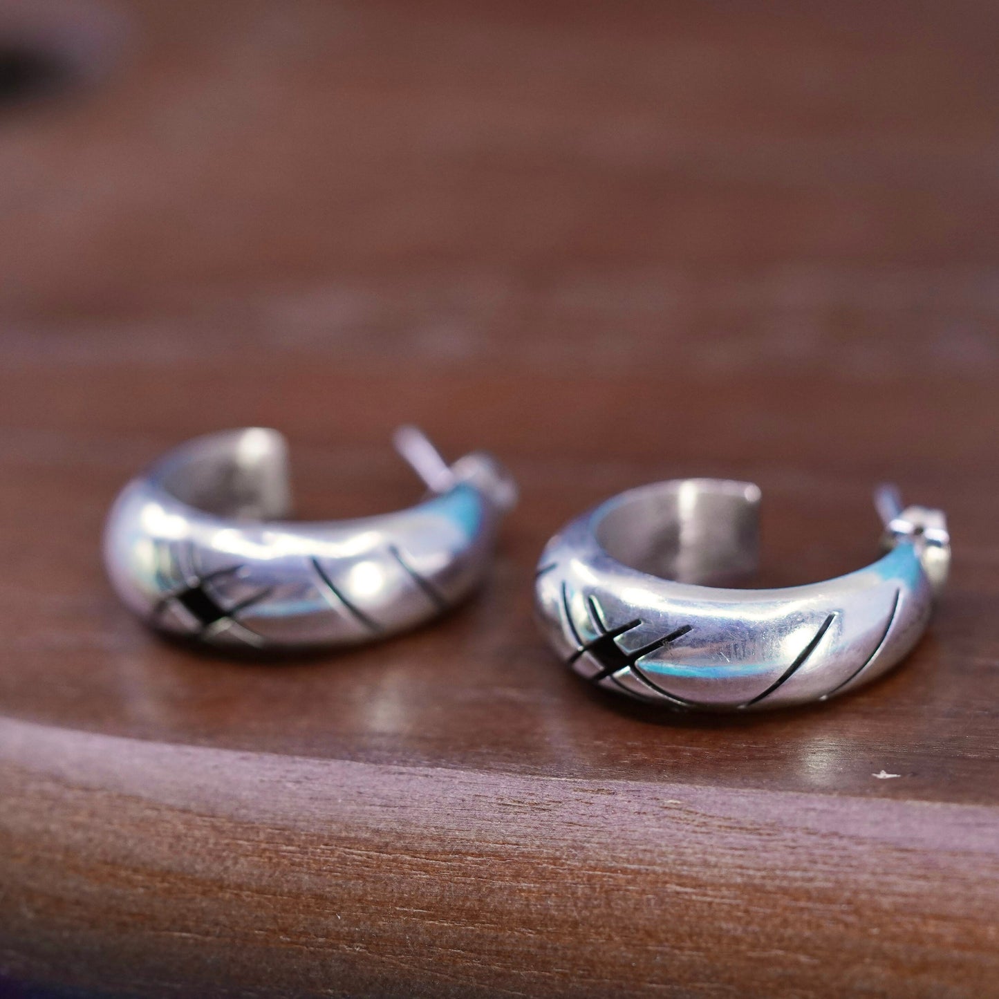 1”, Mexico Sterling silver handmade earrings, 925 Huggie studs pattern cut out