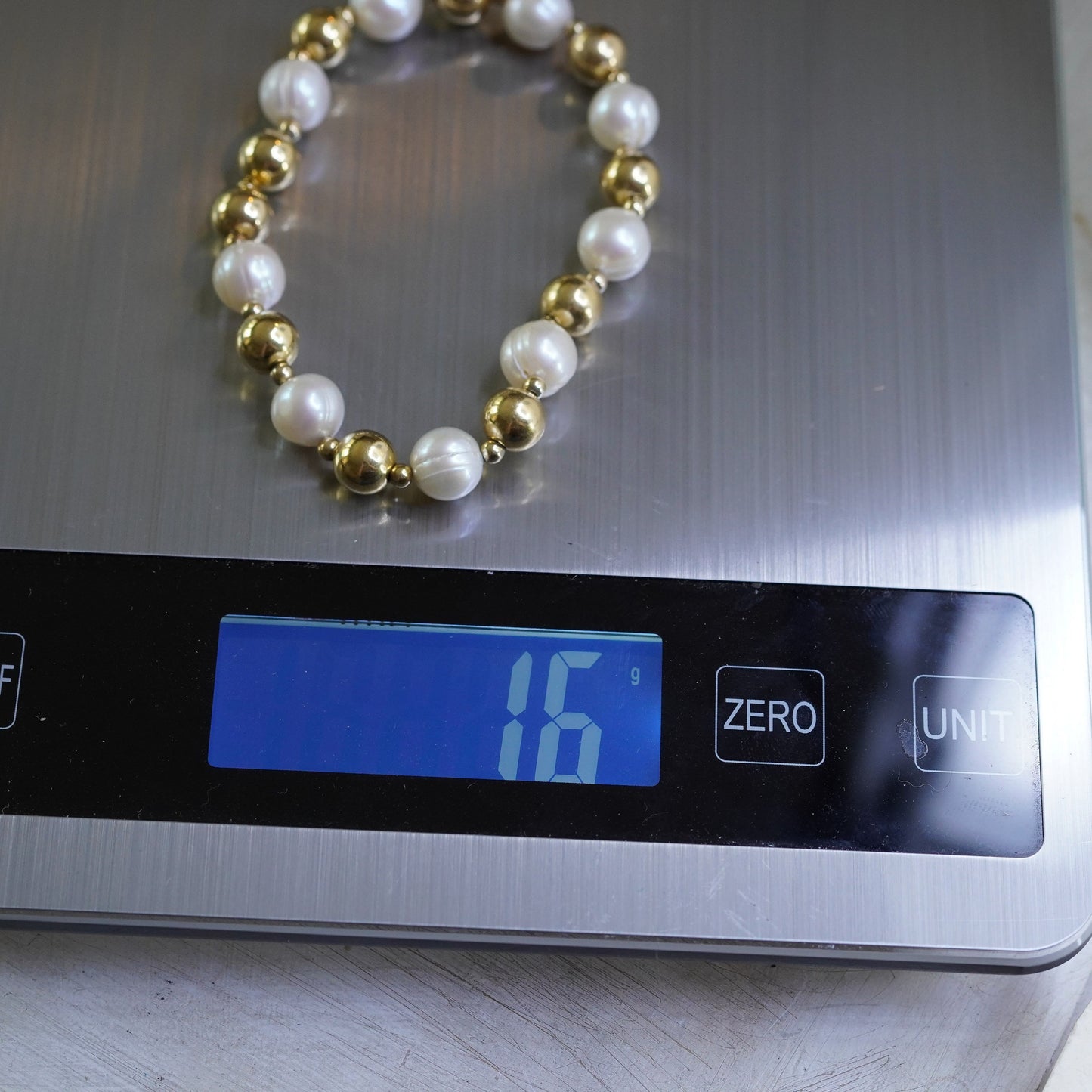 7”, Italian yellow gold Sterling silver bead 10mm freshwater pearl bracelet
