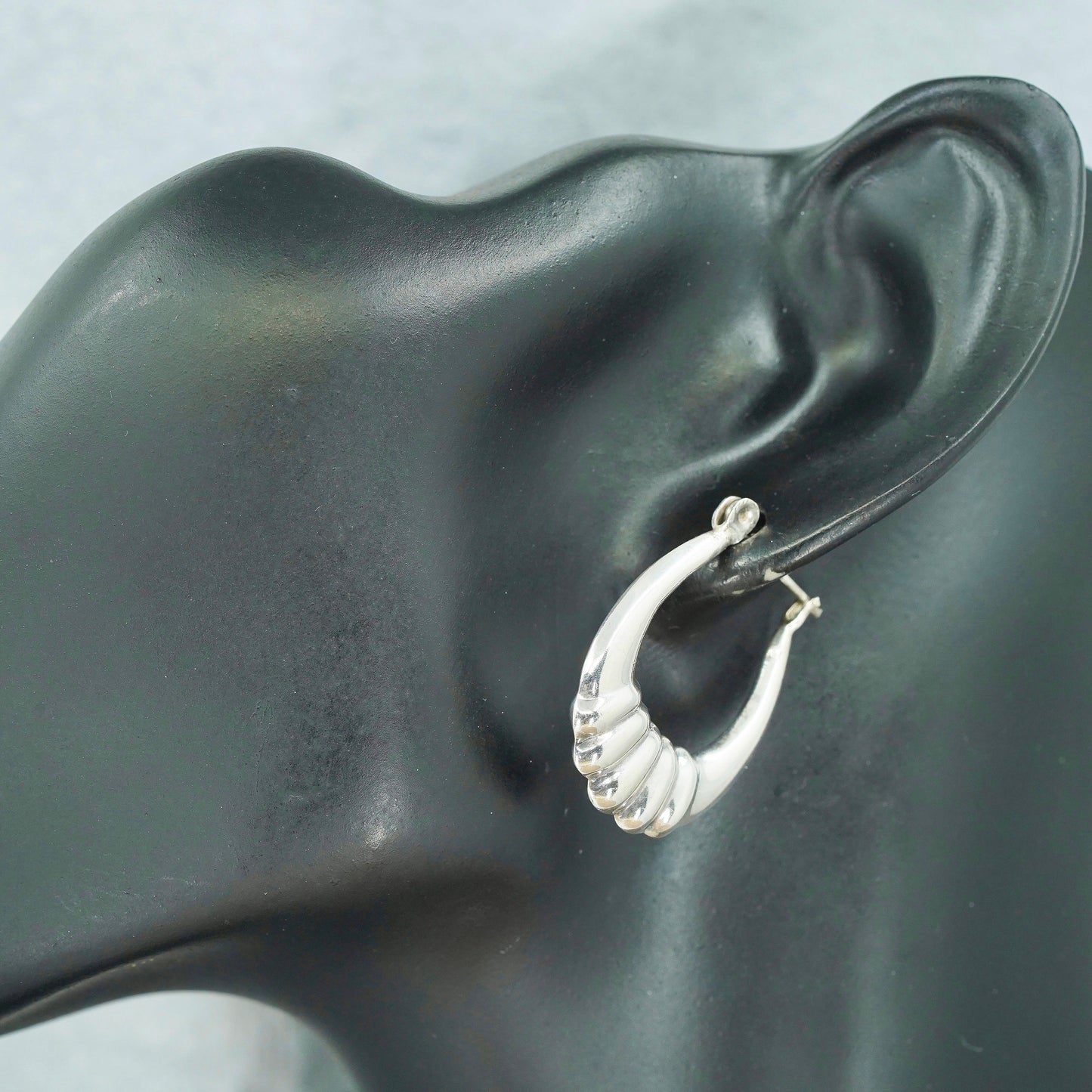 1.25”, vintage Sterling silver handmade earrings, oval 925 ribbed hoops