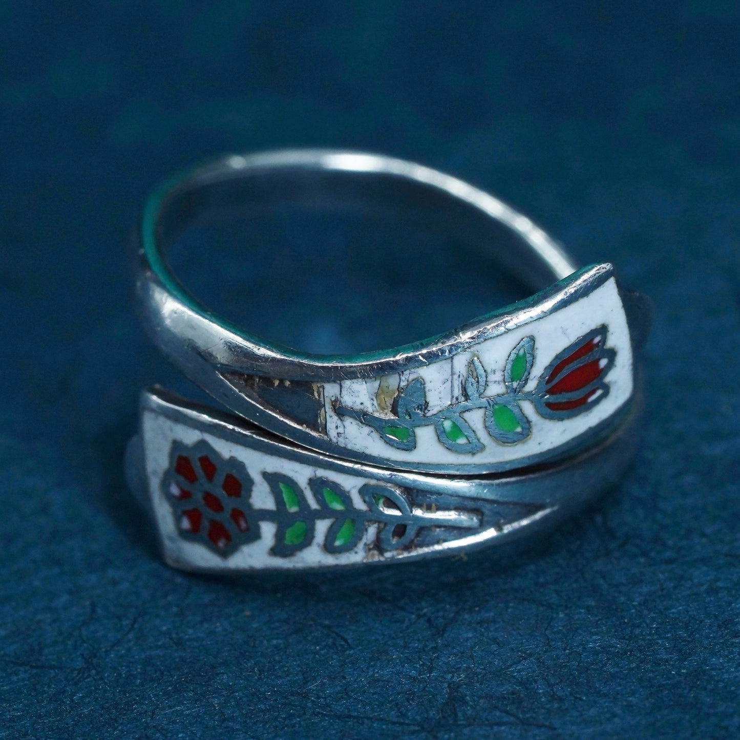 Size 4.5, vtg Mexican Sterling silver handmade ring, 925 stackable enamel band