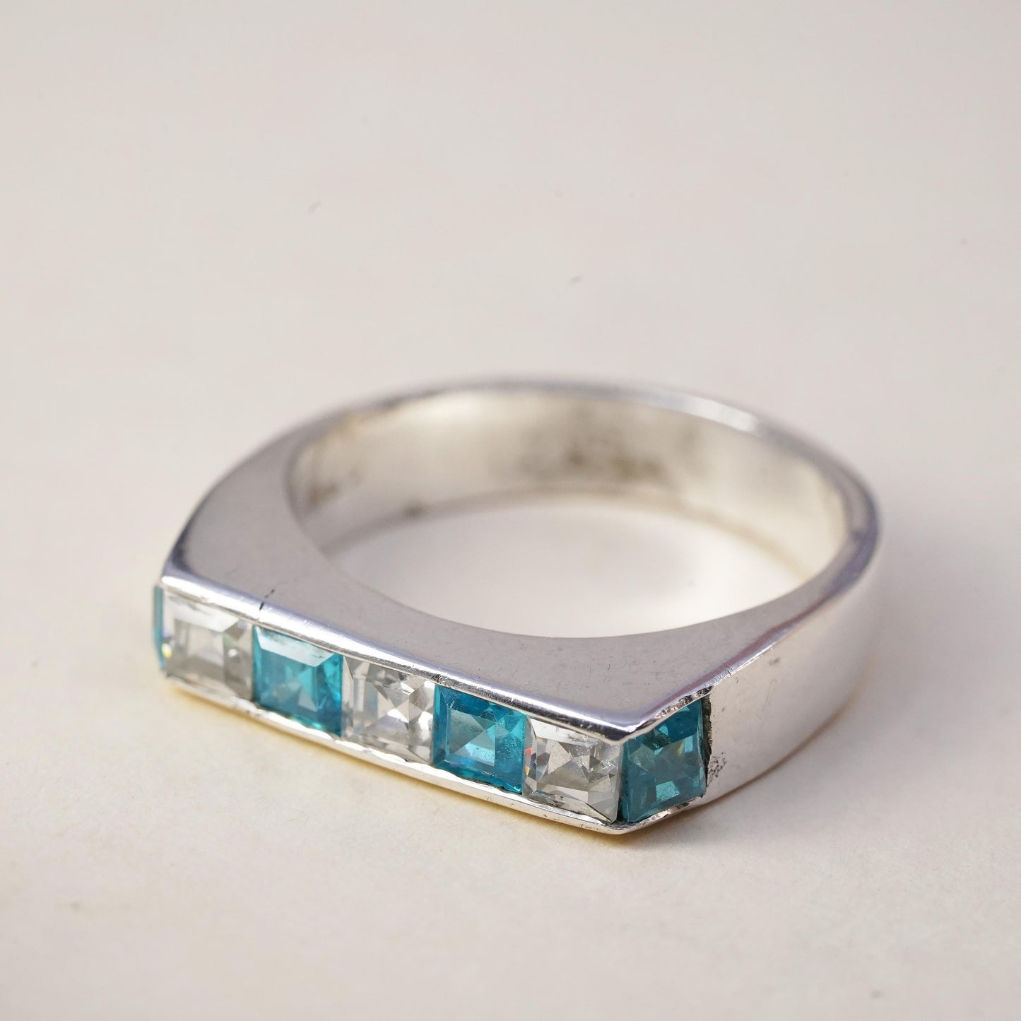 Size 7.5, vintage sterling 925 silver ring cluster square CZ, stackable band