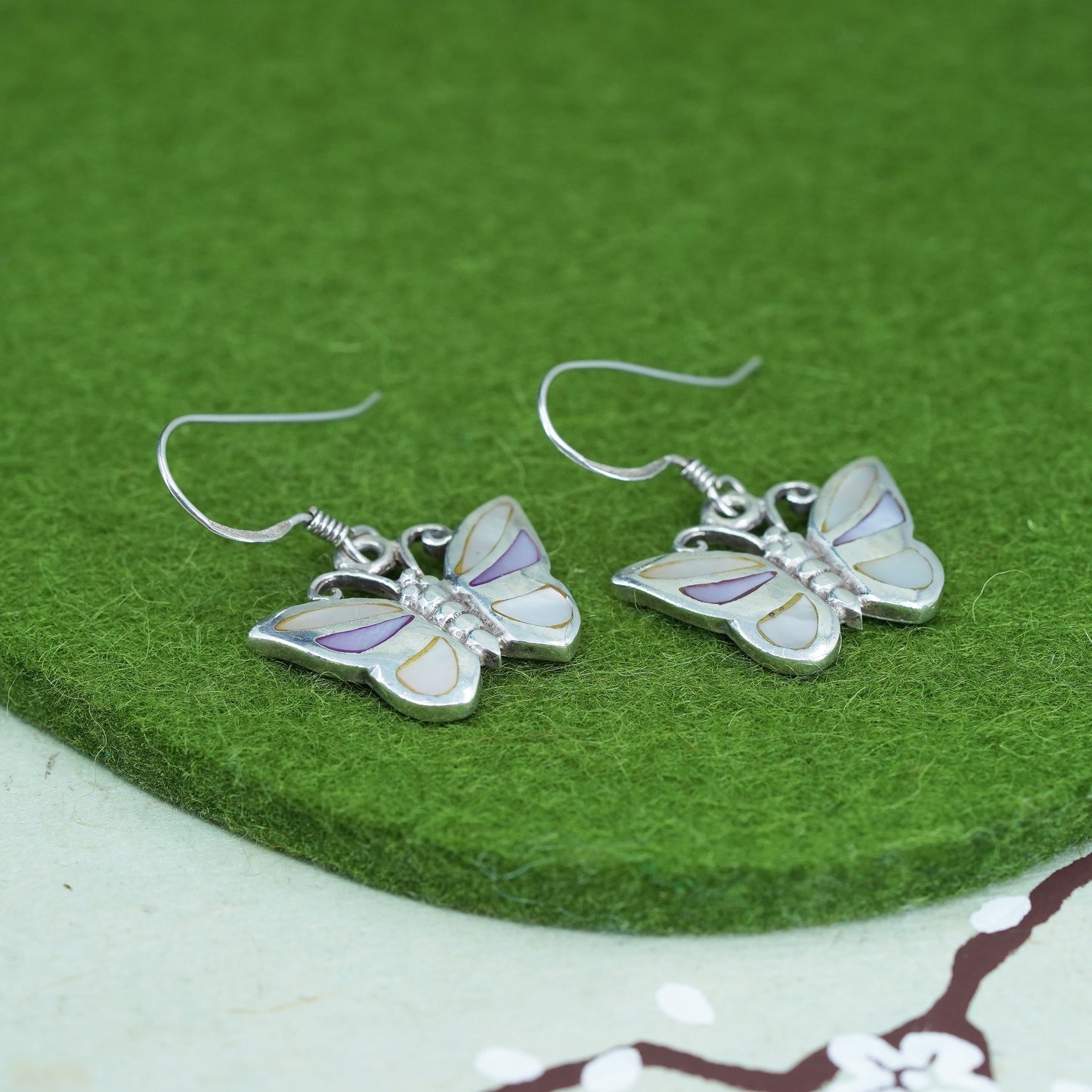 sterling silver handmade earrings, 925 butterfly with mother of pearl inlay