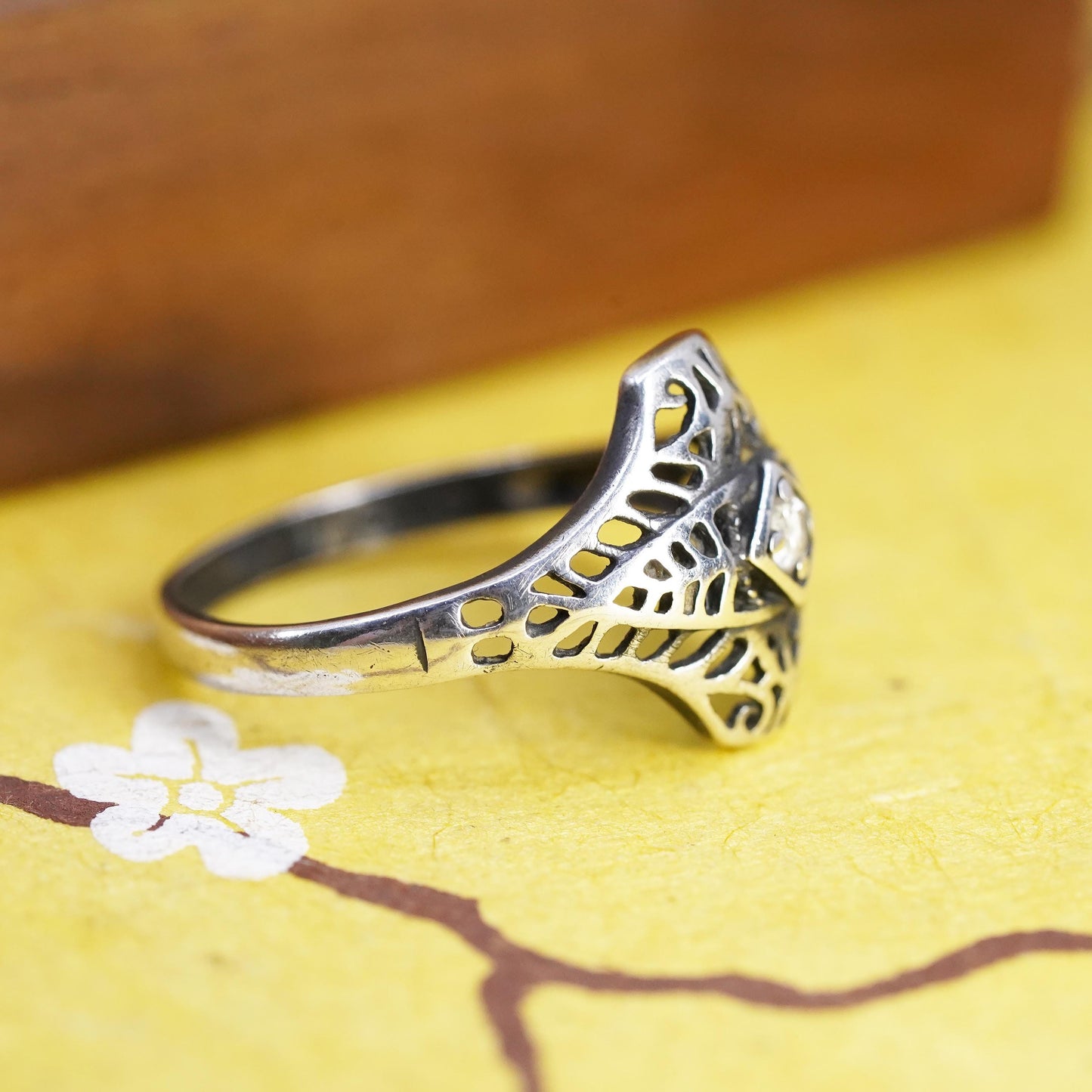 Size 11, vintage Sterling silver handmade ring, 925 filigree band with cz