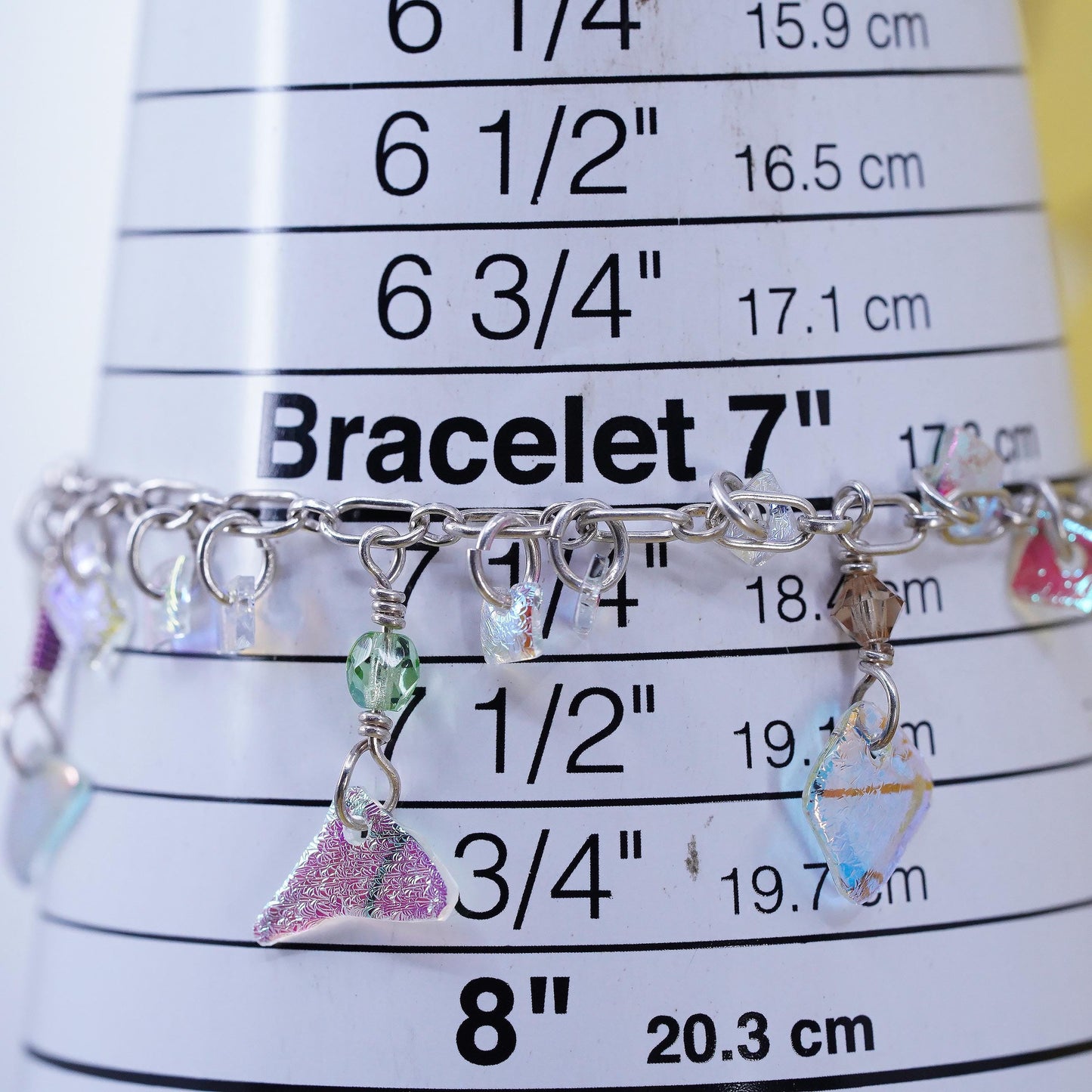 7.25", VTG Sterling silver handmade bracelet 925 oval chain foiled glass charms