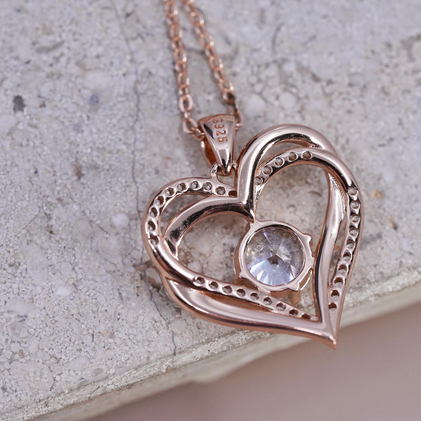 15+3”, gold sterling silver 925 circle necklace cz heart pendant, I love you