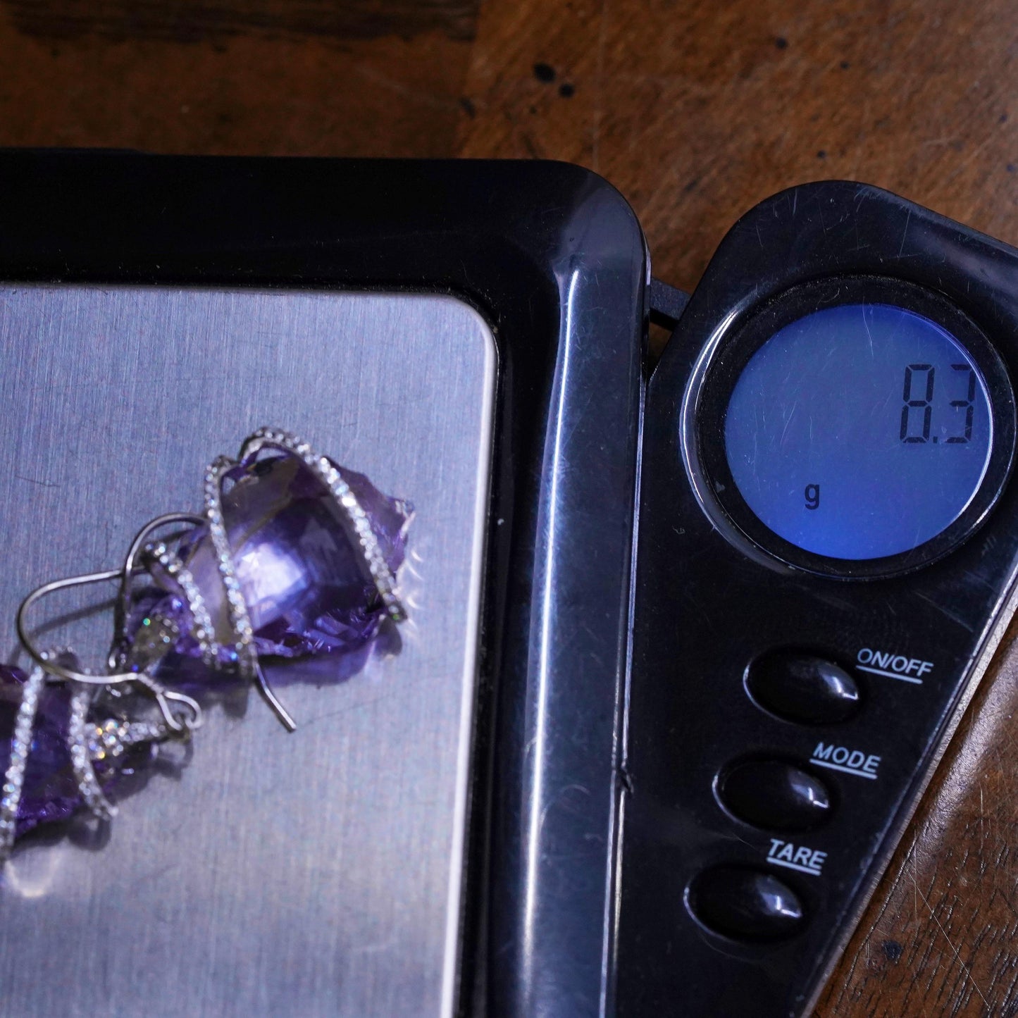 Vintage sterling 925 silver earrings with teardrop amethyst and crystal snake